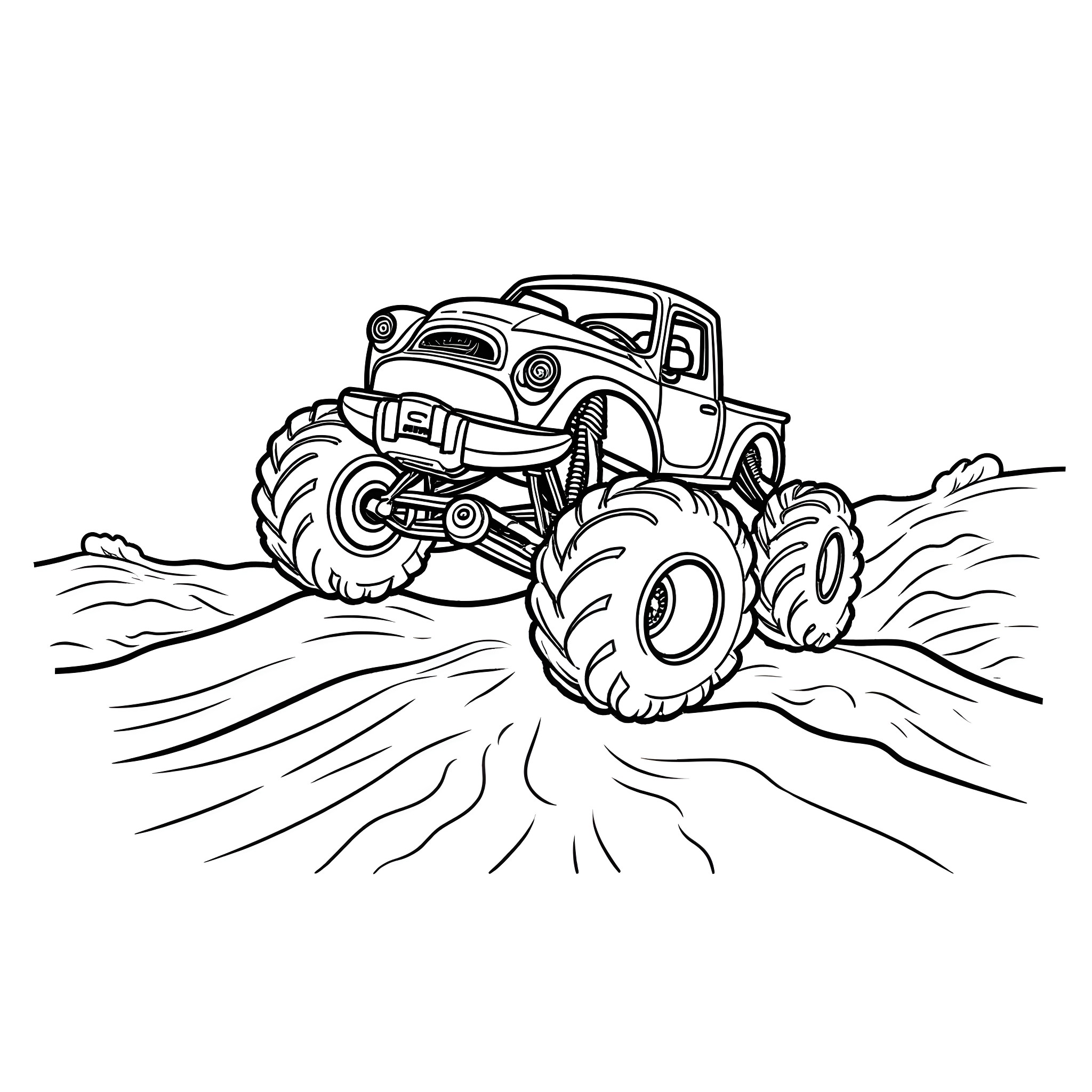 Monster Truck Traversing Rough Terrain Coloring Page (free black-and-white line drawing printable PDF for all, from beginners to advanced learners, including children, teens, adults, and seniors)