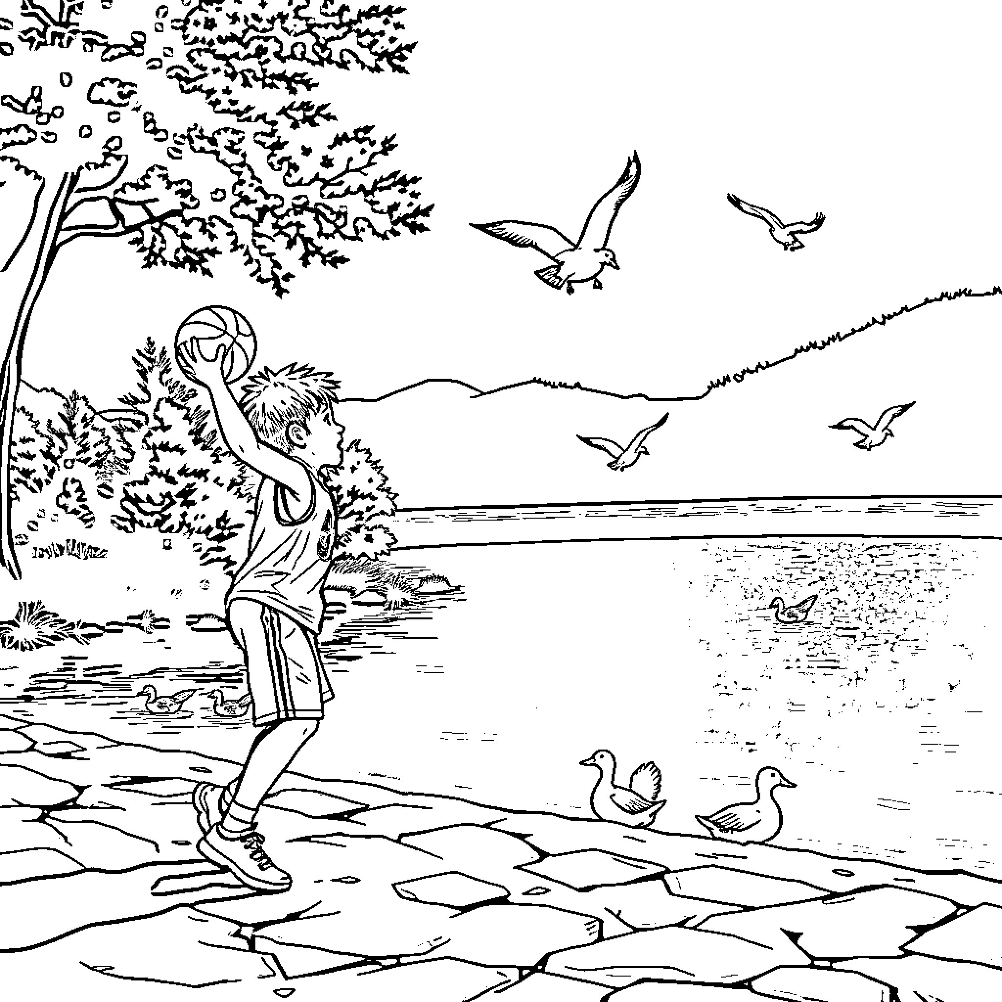 Basketball player enjoying nature by the lake Coloring Page (free black-and-white line drawing printable PDF for all, from beginners to advanced learners, including children, teens, adults, and seniors)