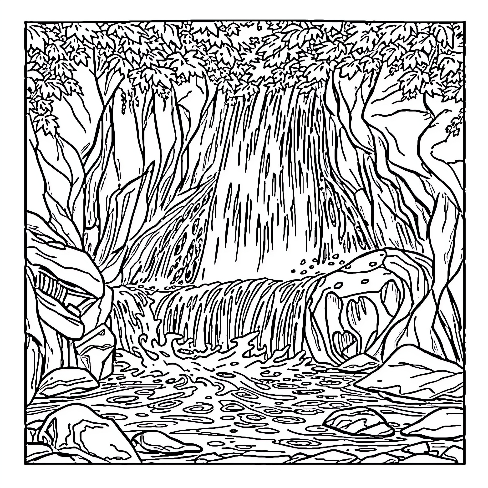 Waterfall cascading through lush forest landscape Coloring Page (free black-and-white line drawing printable PDF for all, from beginners to advanced learners, including children, teens, adults, and seniors)