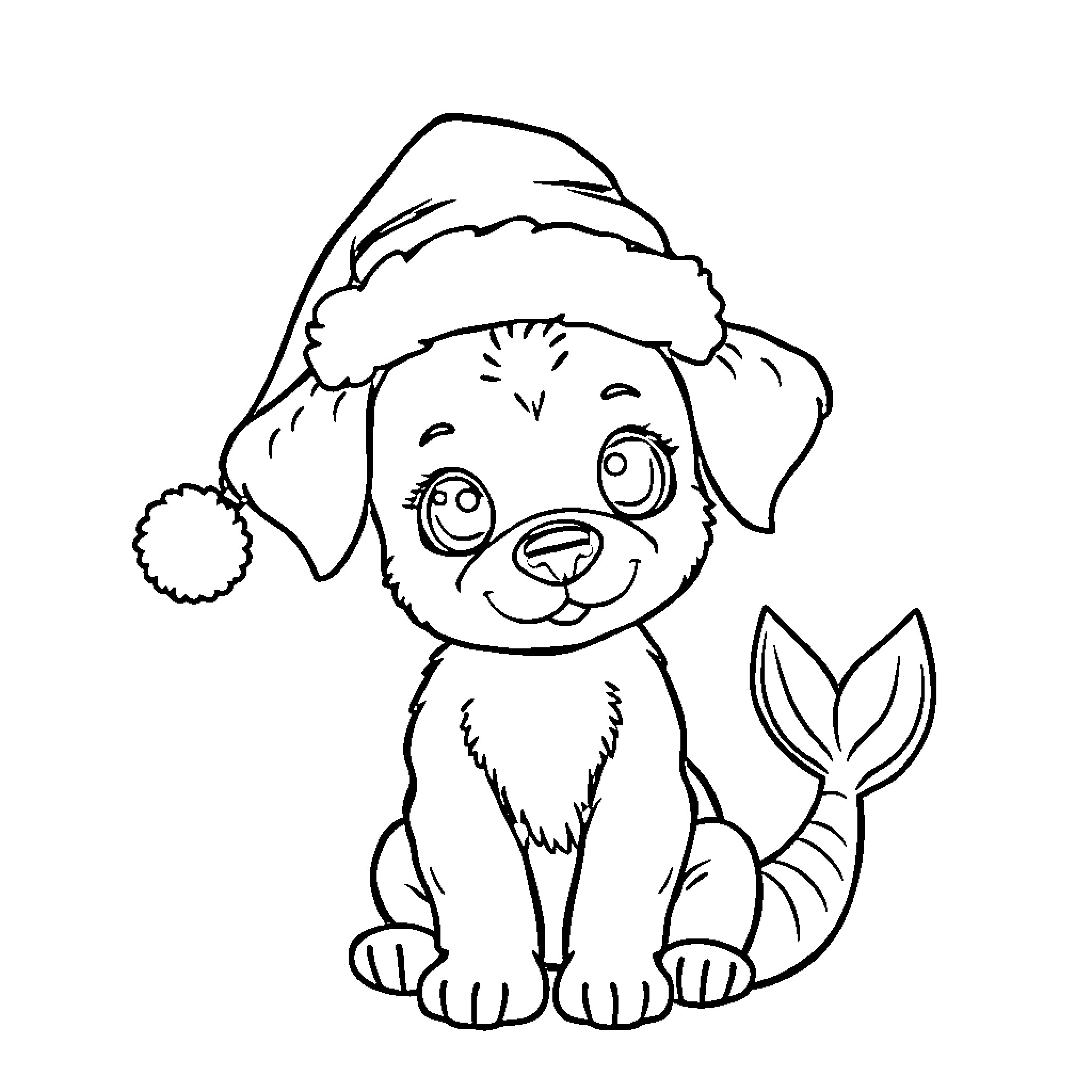 Mermaid Puppy in Santa Hat Coloring Page (free black-and-white line drawing printable PDF for all, from beginners to advanced learners, including children, teens, adults, and seniors)