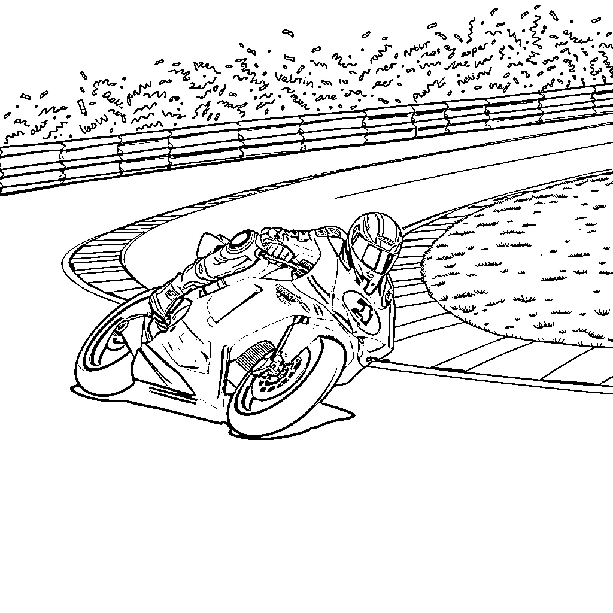 Valentino Rossi speeding on a motorcycle race track Coloring Page (free black-and-white line drawing printable PDF for all, from beginners to advanced learners, including children, teens, adults, and seniors)