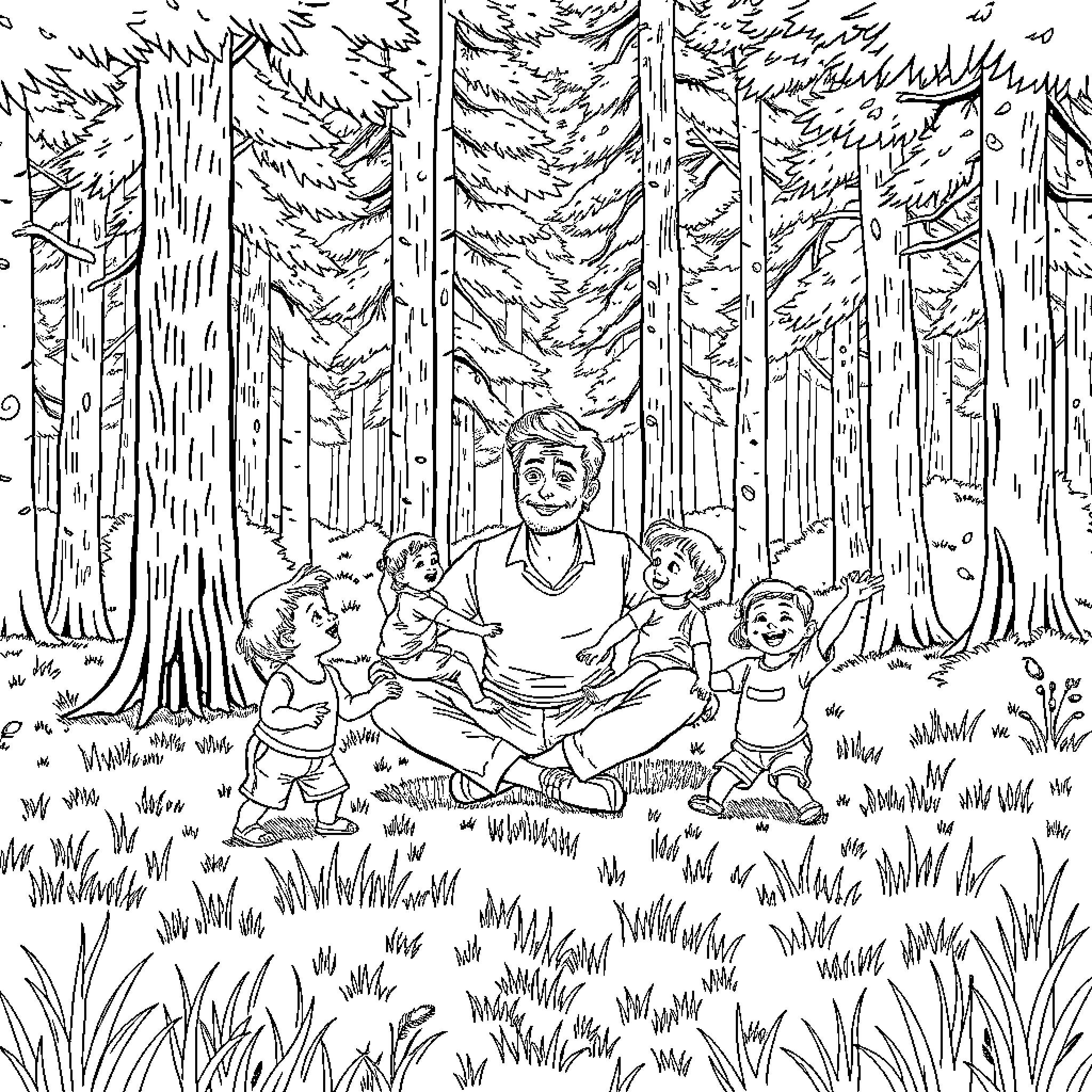 Dad enjoys outdoor adventure with family in forest Coloring Page (free black-and-white line drawing printable PDF for all, from beginners to advanced learners, including children, teens, adults, and seniors)