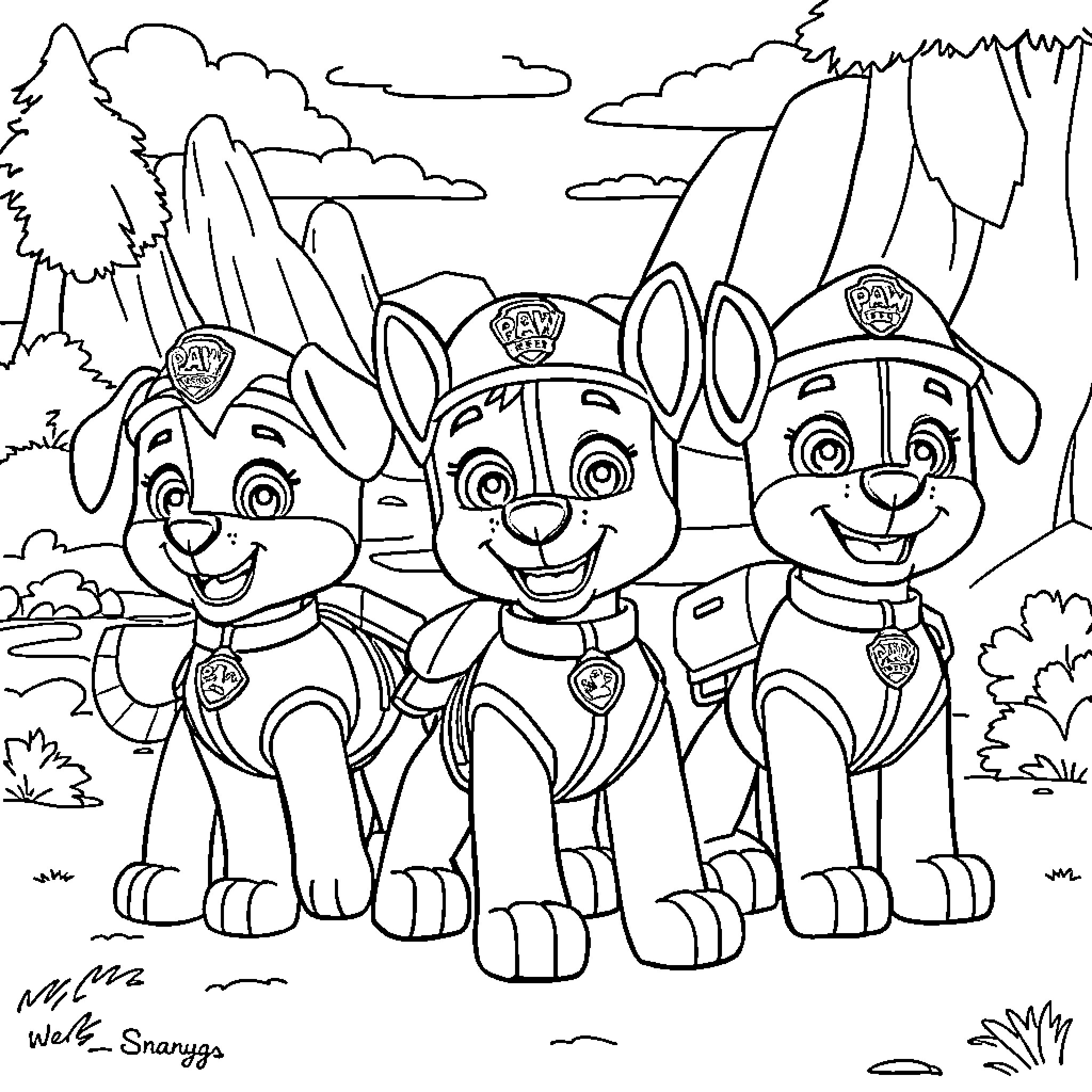 Paw Patrol Pups Exploring Outdoor Adventure Coloring Page (free black-and-white line drawing printable PDF for all, from beginners to advanced learners, including children, teens, adults, and seniors)