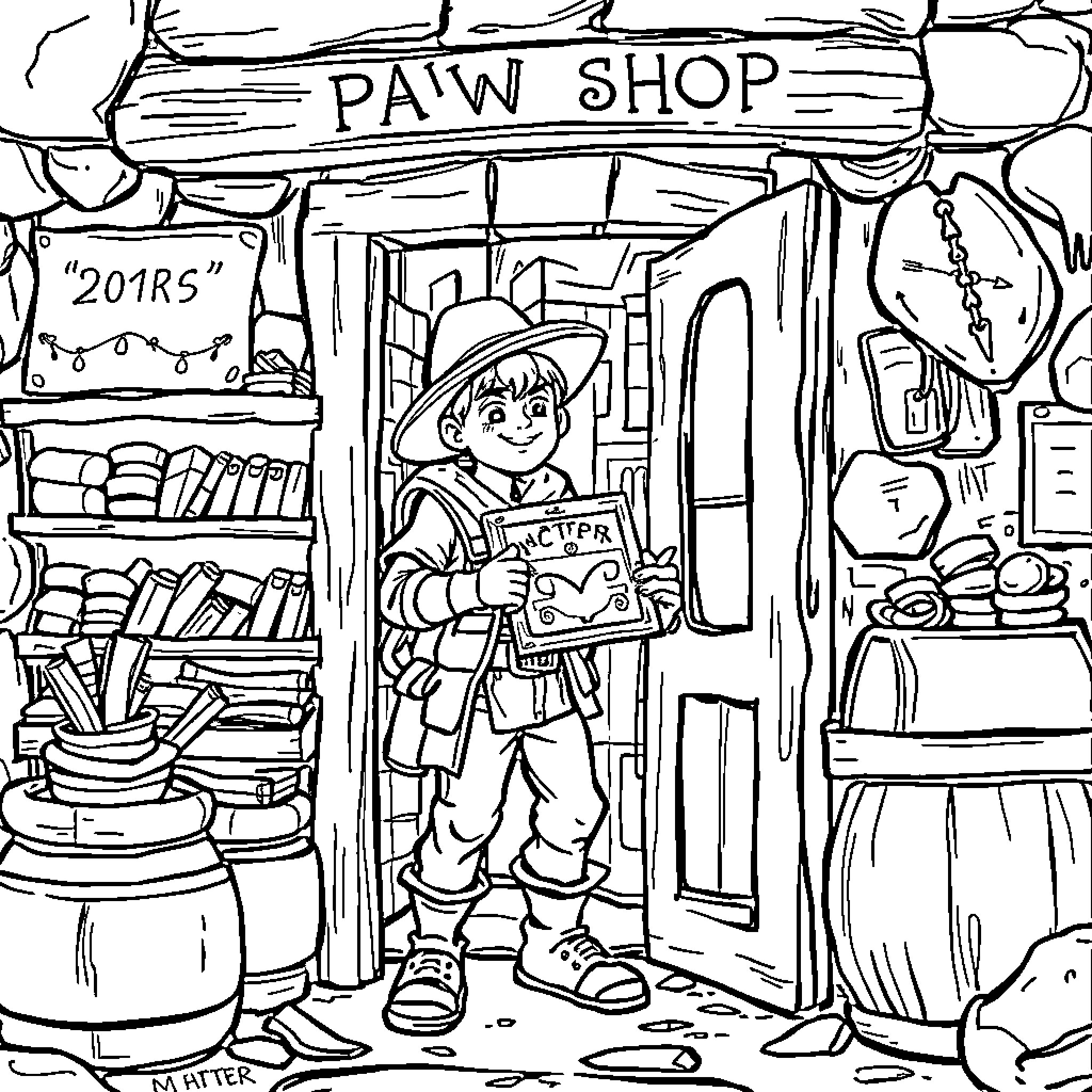Archaeologist exploring a pawn shop Coloring Page (free black-and-white line drawing printable PDF for all, from beginners to advanced learners, including children, teens, adults, and seniors)