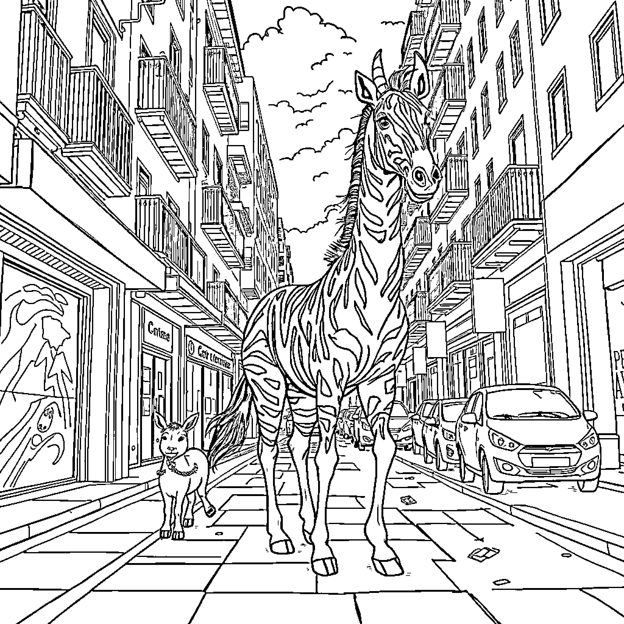 Giraffe strolling through bustling city streets Coloring Page (free black-and-white line drawing printable PDF for all, from beginners to advanced learners, including children, teens, adults, and seniors)