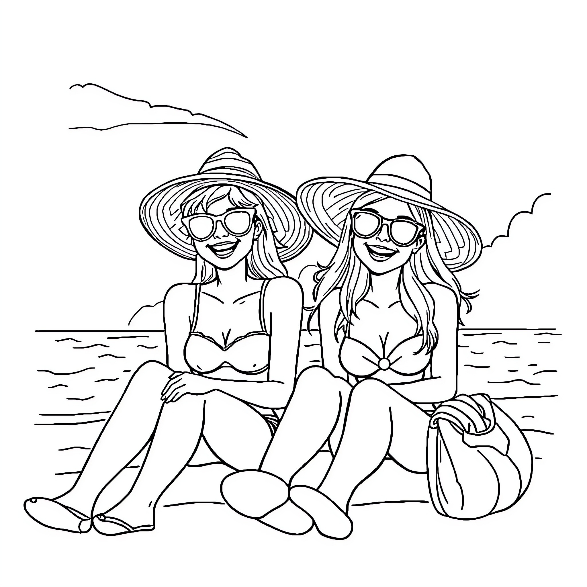 Léa and friend enjoy a sunny beach day Coloring Page (free black-and-white line drawing printable PDF for all, from beginners to advanced learners, including children, teens, adults, and seniors)