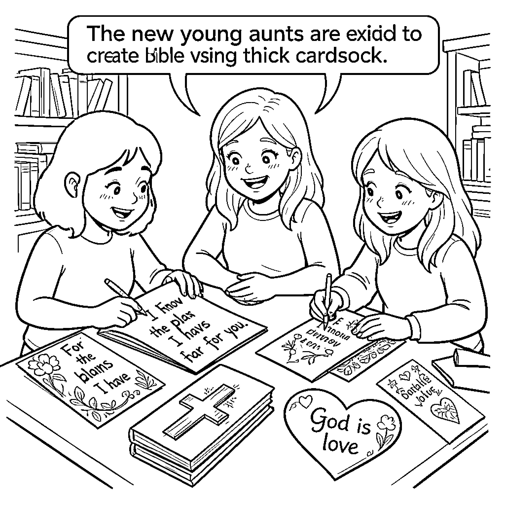 Bookmark of happy young women creating Bible crafts Coloring Page (free black-and-white line drawing printable PDF for all, from beginners to advanced learners, including children, teens, adults, and seniors)