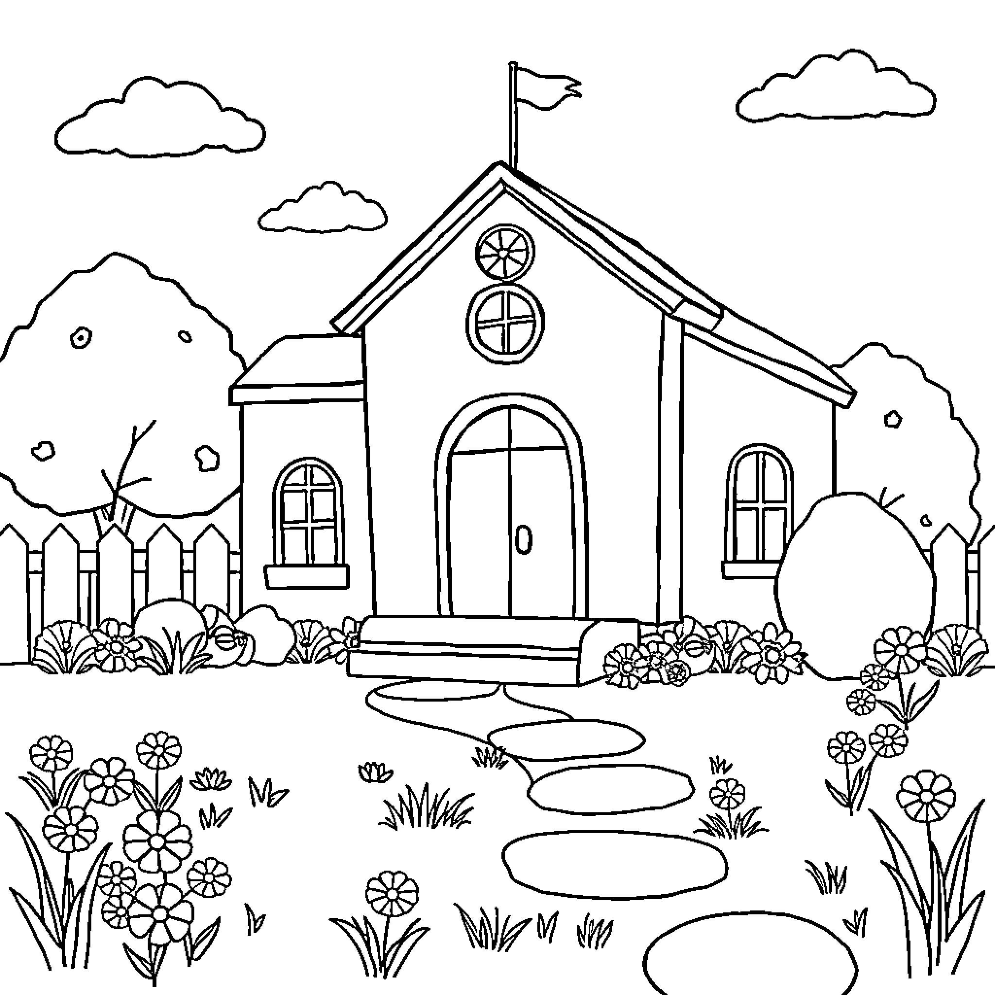School in a Picturesque Landscape Coloring Page (free black-and-white line drawing printable PDF for all, from beginners to advanced learners, including children, teens, adults, and seniors)