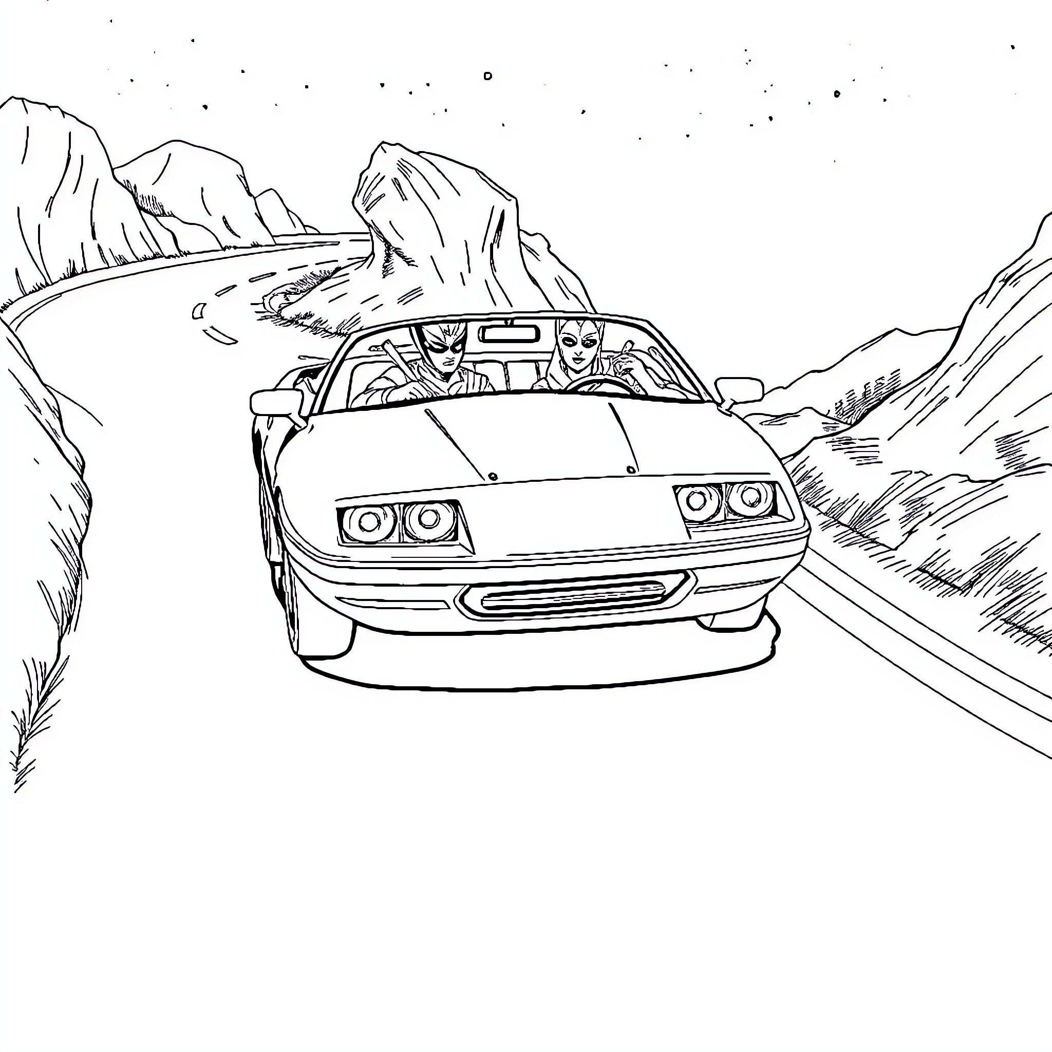X-Men Superheroes Driving Sports Car Through Mountains Coloring Page (free black-and-white line drawing printable PDF for all, from beginners to advanced learners, including children, teens, adults, and seniors)