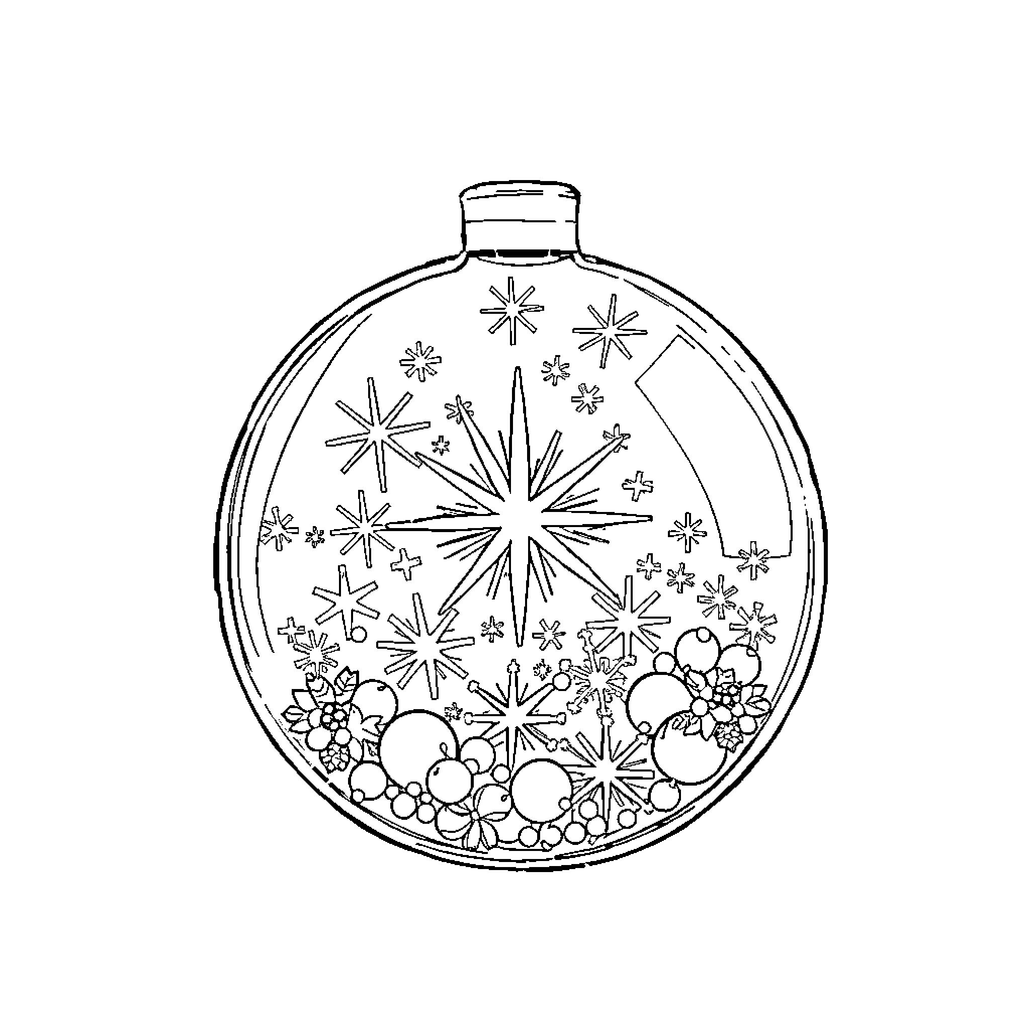 Christmas Ball with Festive Ornaments and Shapes Coloring Page (free black-and-white line drawing printable PDF for all, from beginners to advanced learners, including children, teens, adults, and seniors)