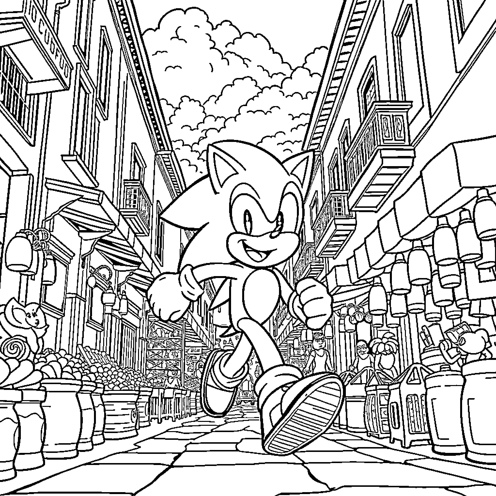 Sonic dashing through a bustling city street Coloring Page (free black-and-white line drawing printable PDF for all, from beginners to advanced learners, including children, teens, adults, and seniors)