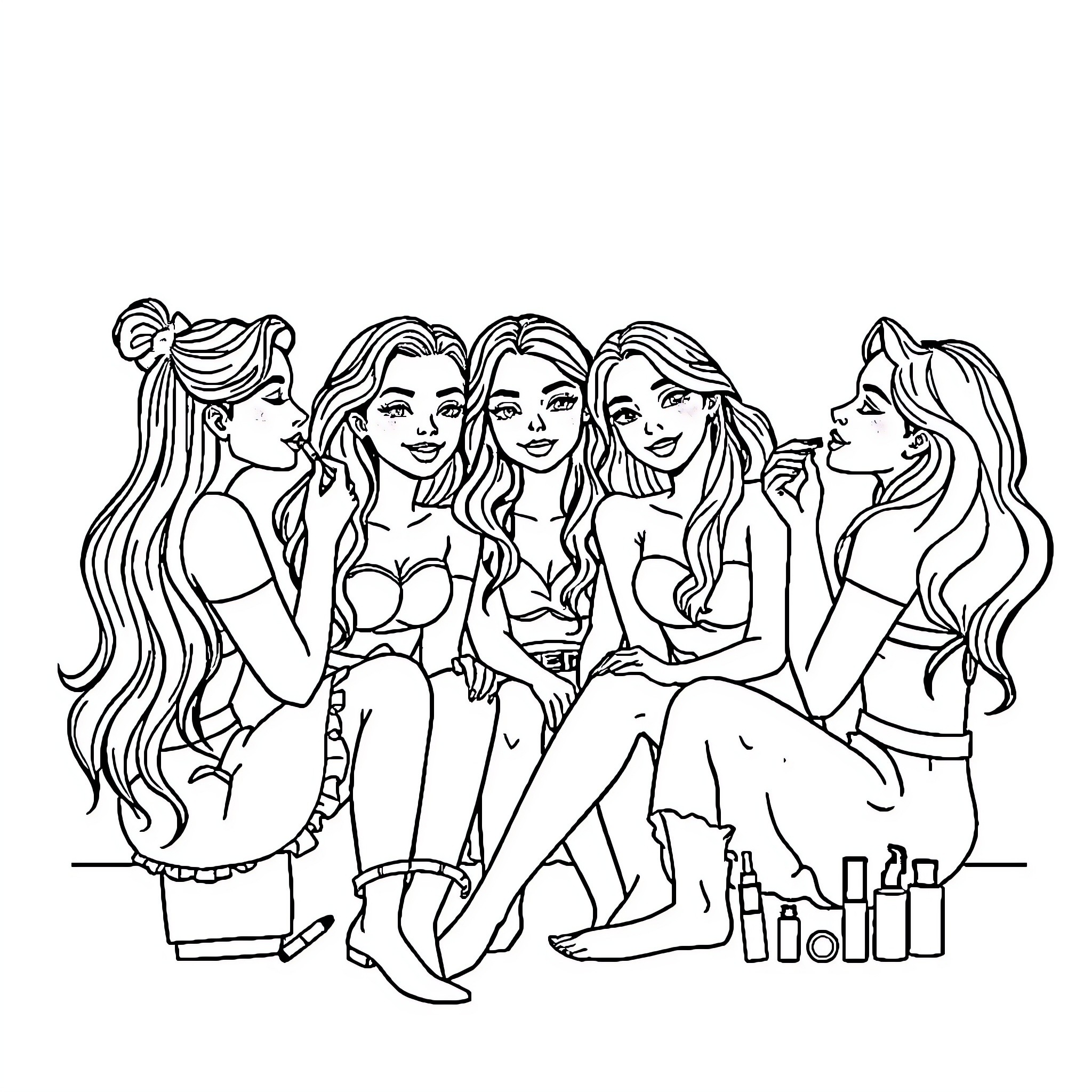 Girls sharing a fun moment together Coloring Page (free black-and-white line drawing printable PDF for all, from beginners to advanced learners, including children, teens, adults, and seniors)