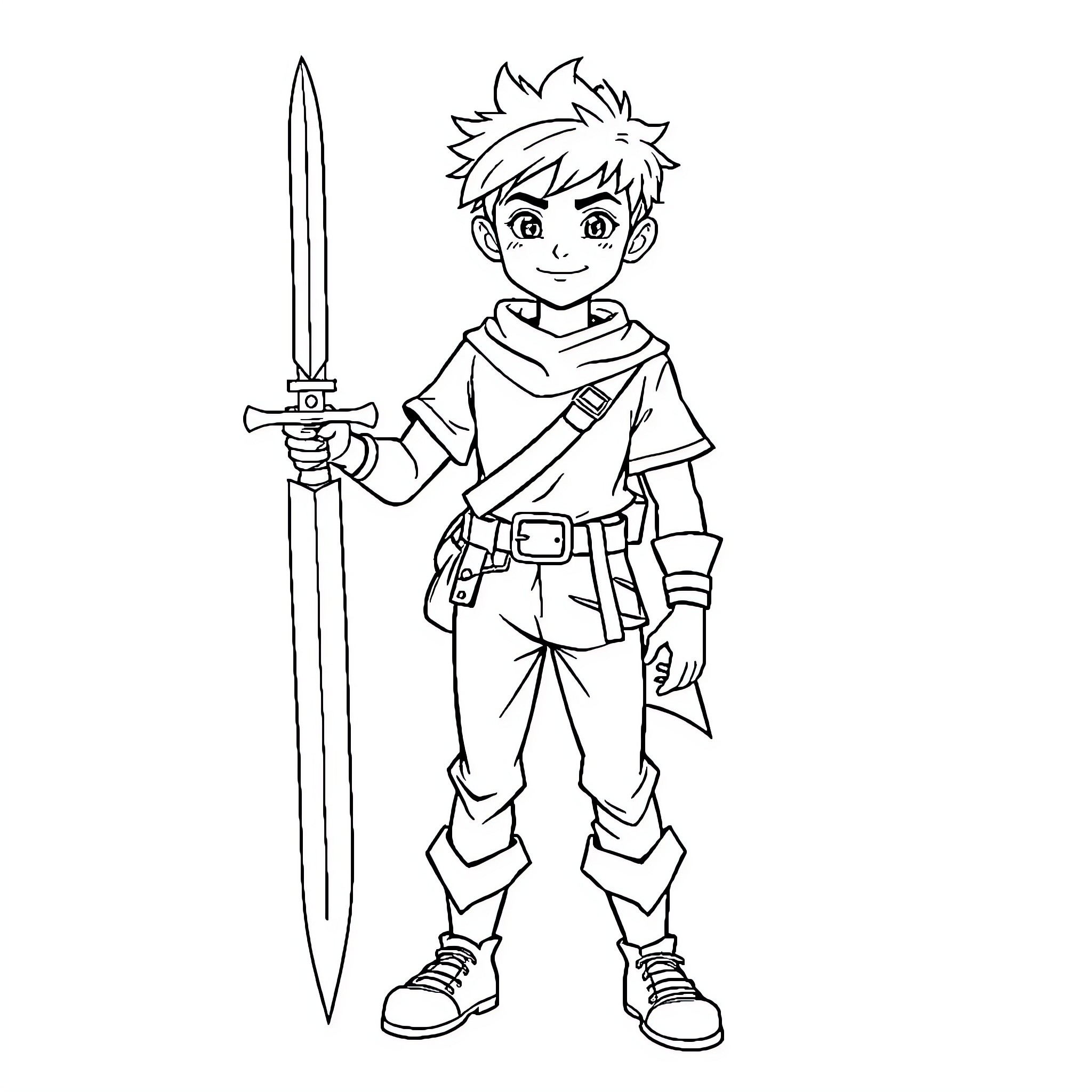 Boy Adventurer Wielding a Sword Coloring Page (free black-and-white line drawing printable PDF for all, from beginners to advanced learners, including children, teens, adults, and seniors)