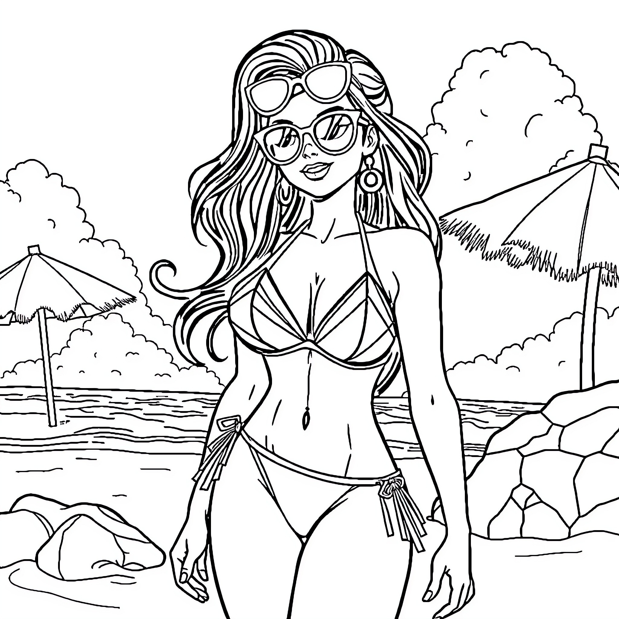 Starfire enjoying a sunny day at the beach Coloring Page (free black-and-white line drawing printable PDF for all, from beginners to advanced learners, including children, teens, adults, and seniors)