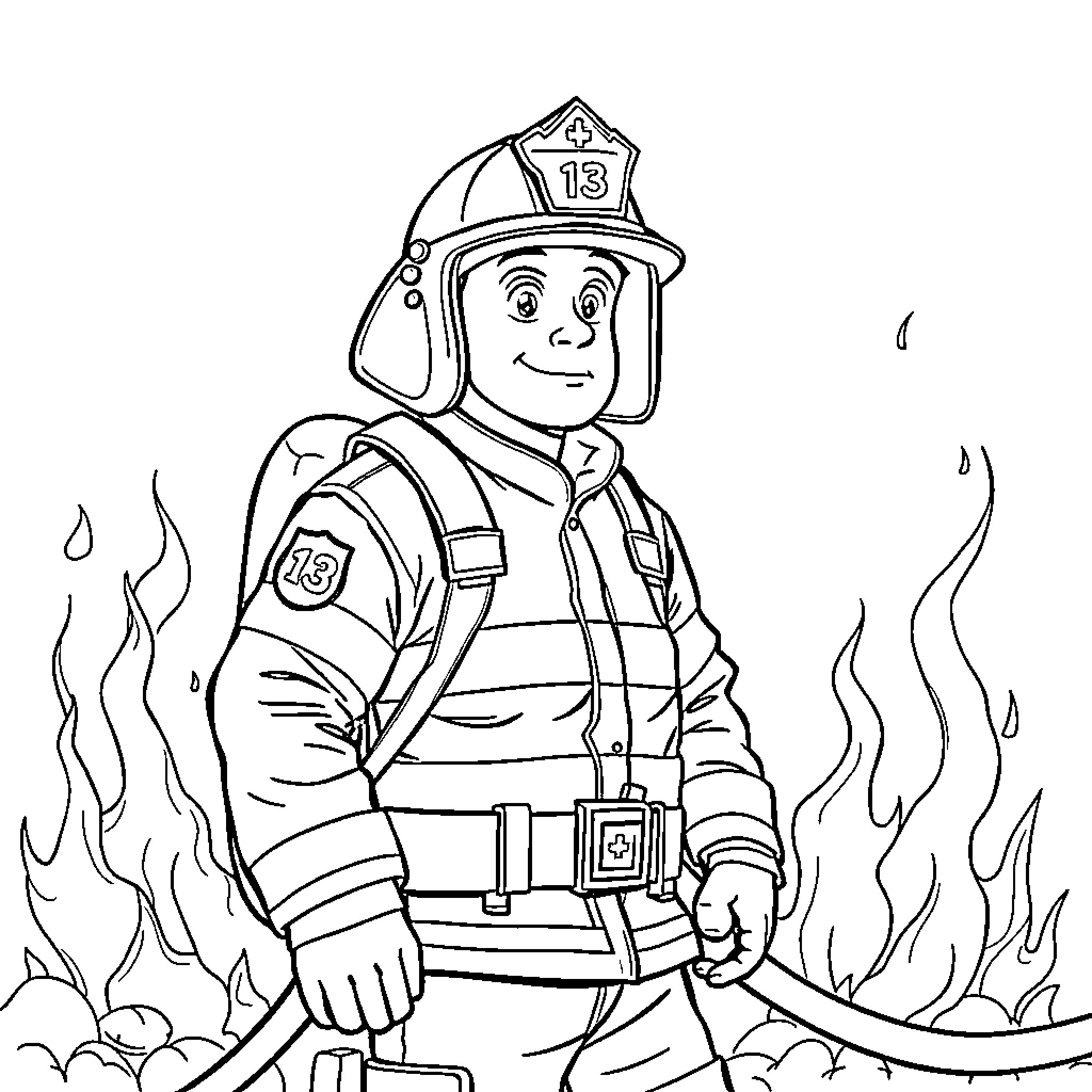 Firefighter responding to emergency fire scene Coloring Page (free black-and-white line drawing printable PDF for all, from beginners to advanced learners, including children, teens, adults, and seniors)