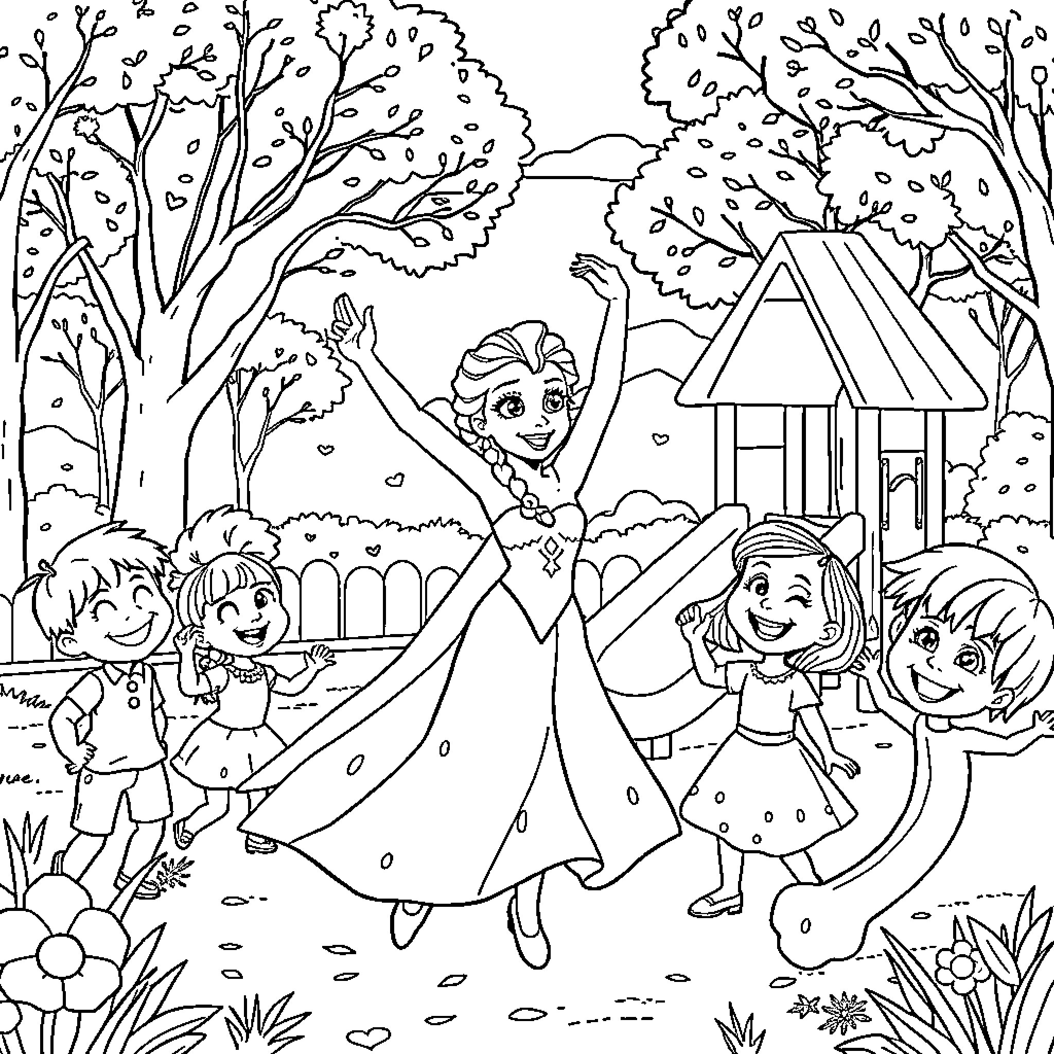 Elsa's Enchanting Winter Wonderland Coloring Page (free black-and-white line drawing printable PDF for all, from beginners to advanced learners, including children, teens, adults, and seniors)