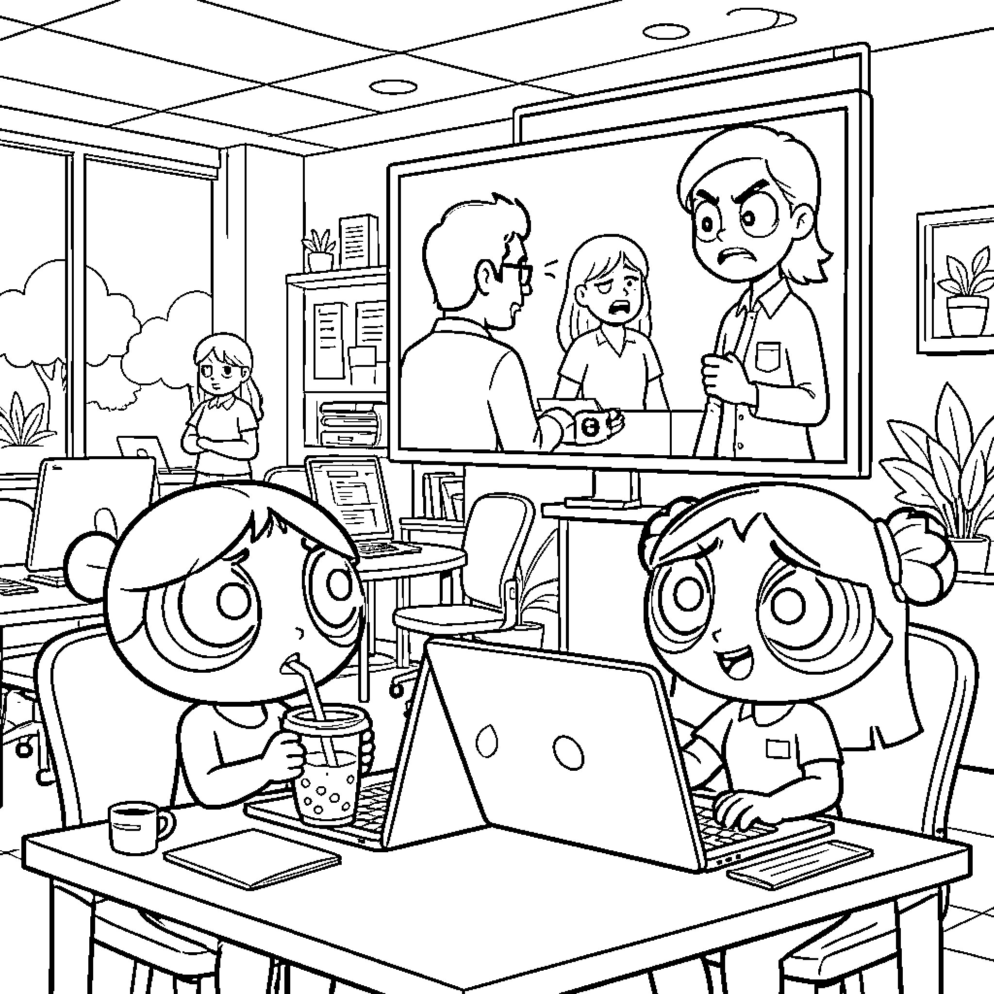 Powerpuff Girls watching a dramatic scene on a screen Coloring Page (free black-and-white line drawing printable PDF for all, from beginners to advanced learners, including children, teens, adults, and seniors)