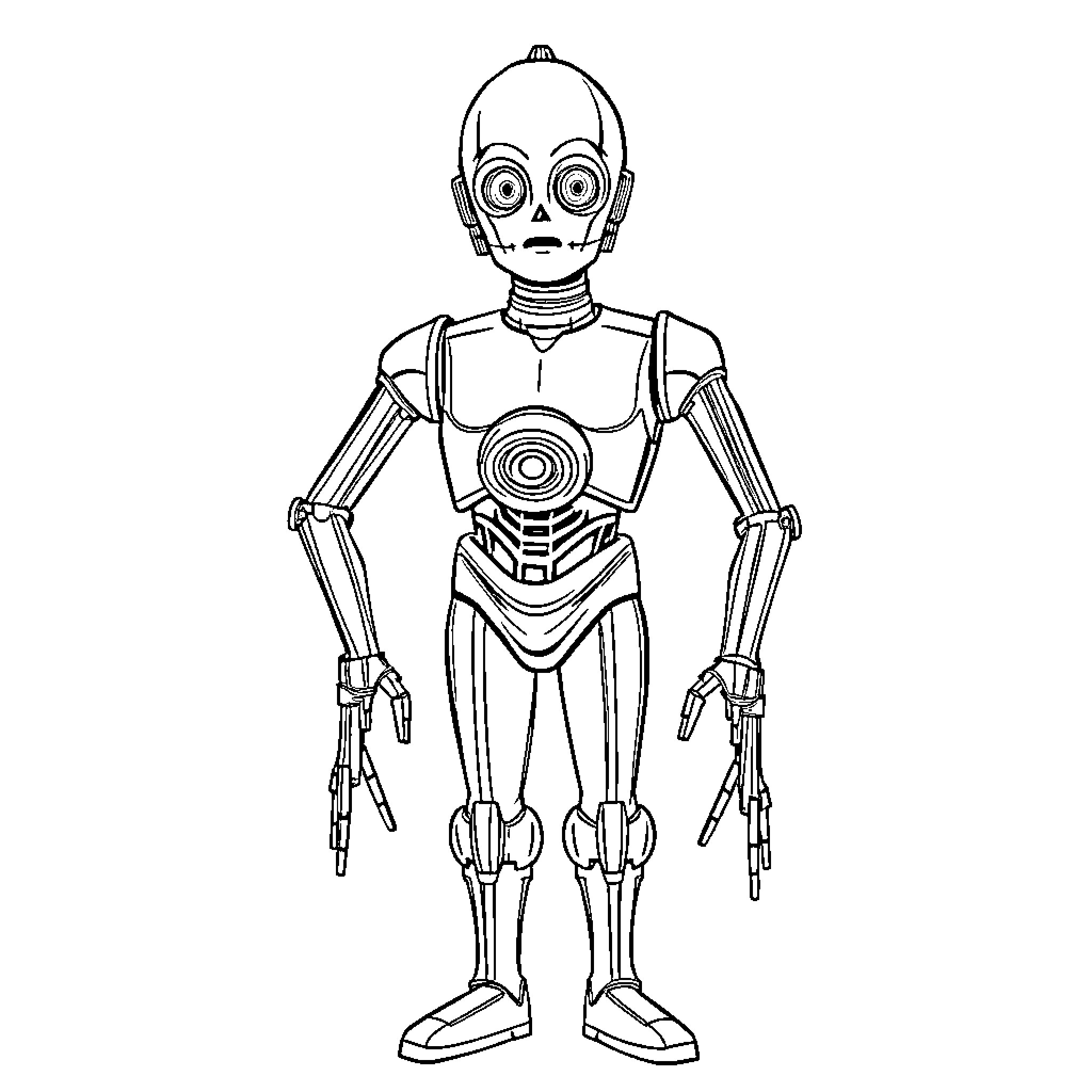 C3PO the anxious robot in a monochrome scene Coloring Page (free black-and-white line drawing printable PDF for all, from beginners to advanced learners, including children, teens, adults, and seniors)