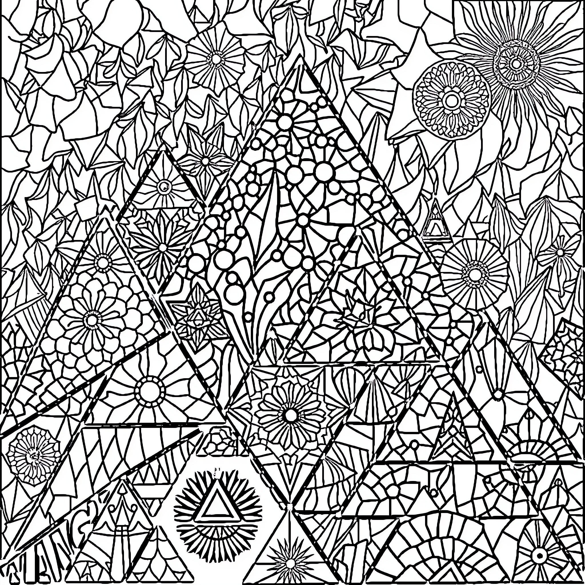 Triangle Floral Mosaic Patterns Coloring Page (free black-and-white line drawing printable PDF for all, from beginners to advanced learners, including children, teens, adults, and seniors)