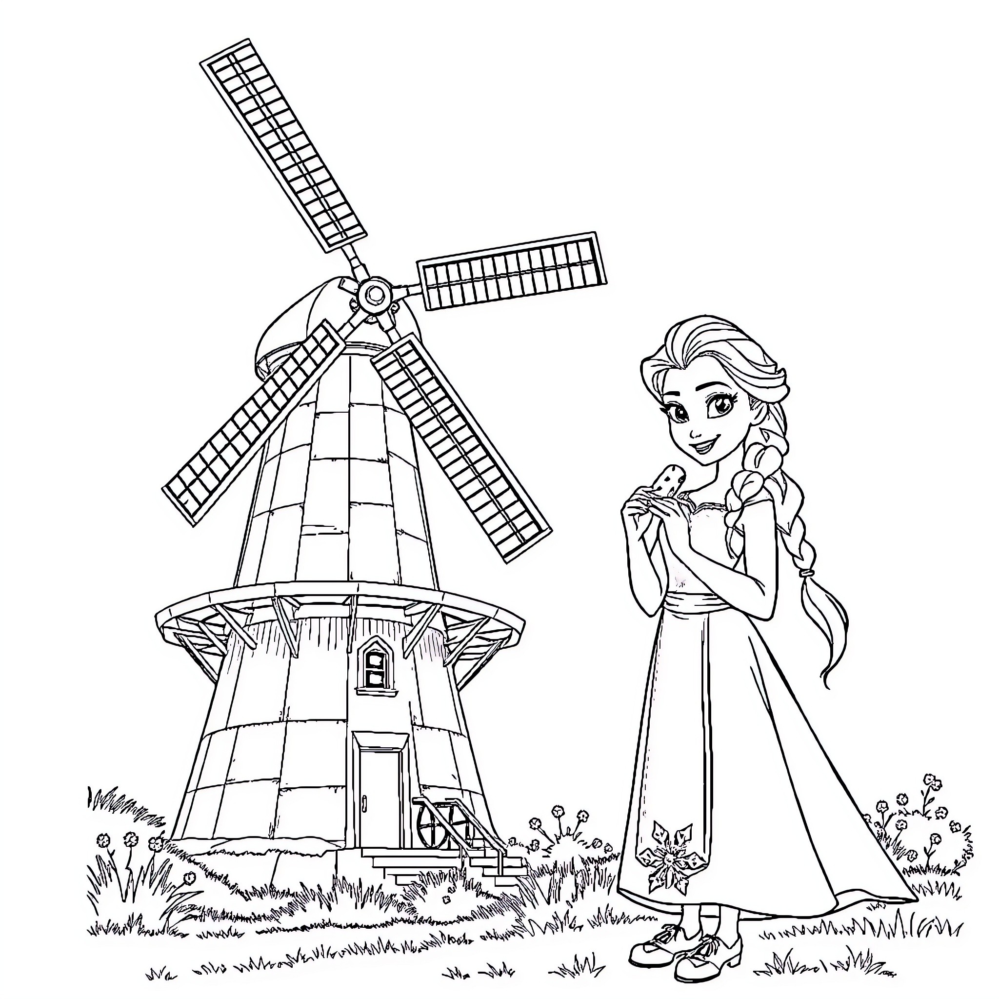 Elsa admiring the windmill in the countryside Coloring Page (free black-and-white line drawing printable PDF for all, from beginners to advanced learners, including children, teens, adults, and seniors)