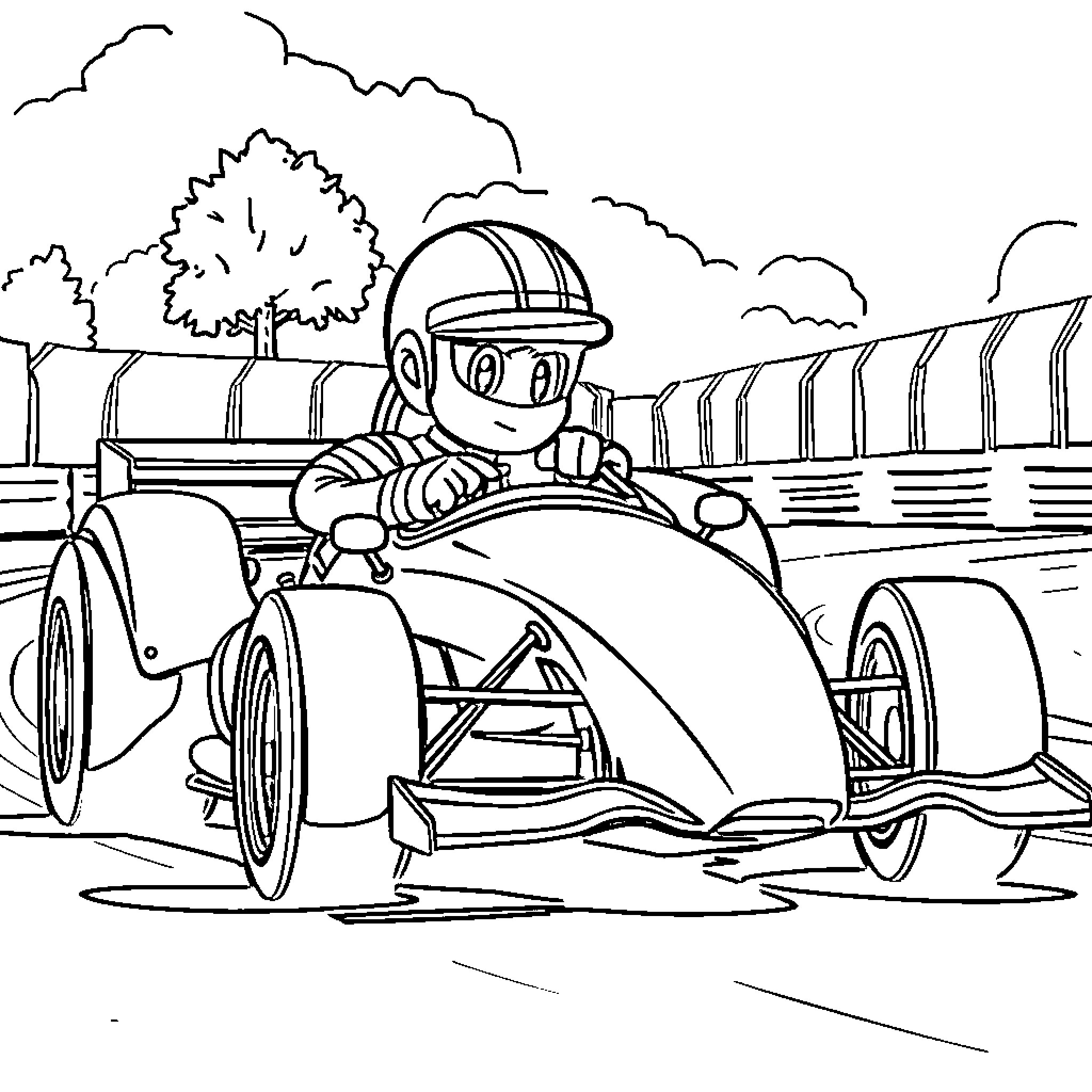 Micke's Speedy Adventure on the Racetrack Coloring Page (free black-and-white line drawing printable PDF for all, from beginners to advanced learners, including children, teens, adults, and seniors)
