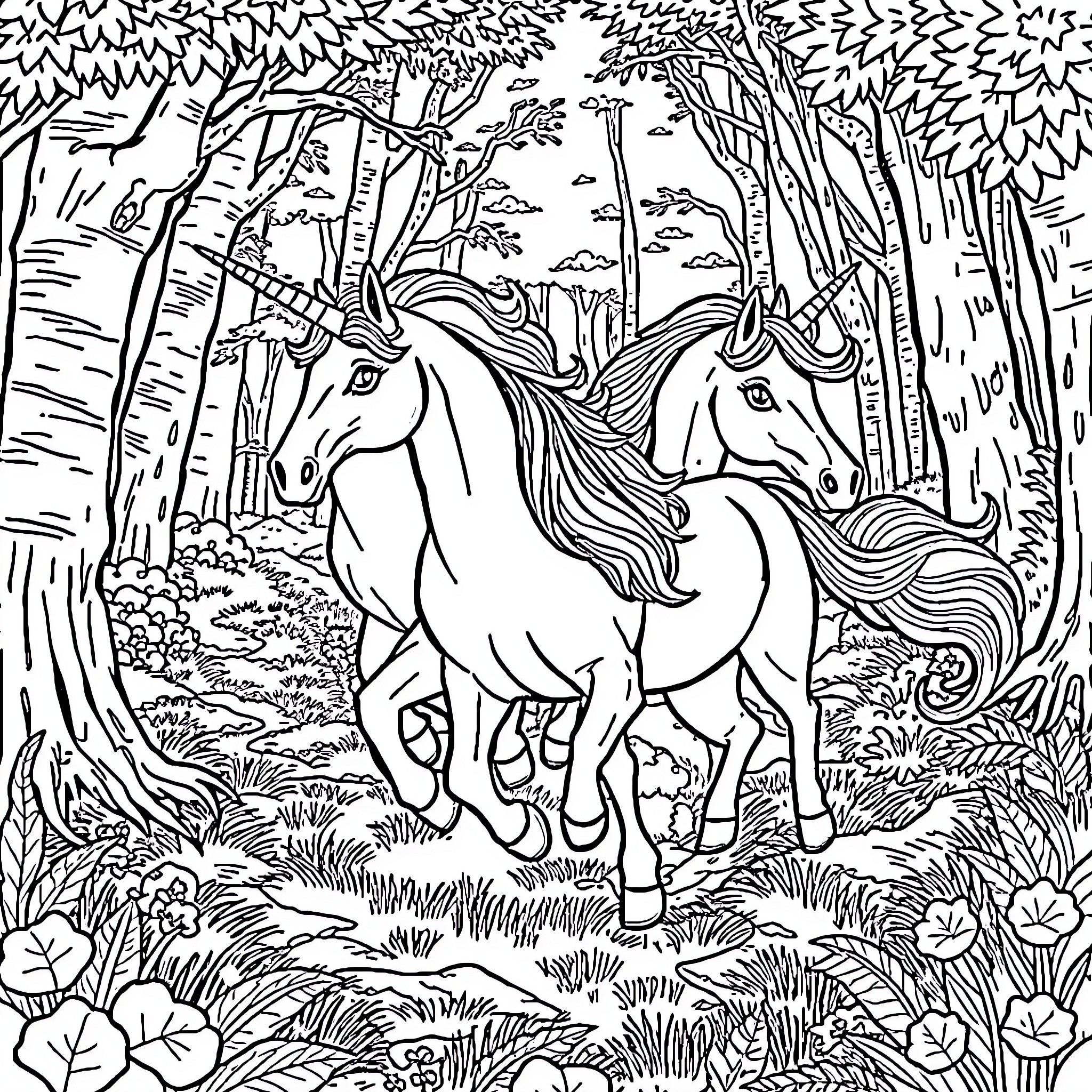 Unicorn companions exploring the enchanted forest Coloring Page (free black-and-white line drawing printable PDF for all, from beginners to advanced learners, including children, teens, adults, and seniors)