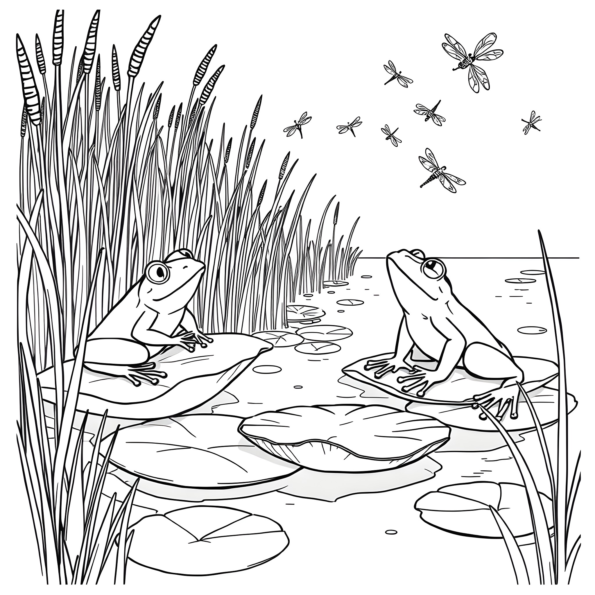 Frog friends in a peaceful pond Coloring Page (free black-and-white line drawing printable PDF for all, from beginners to advanced learners, including children, teens, adults, and seniors)