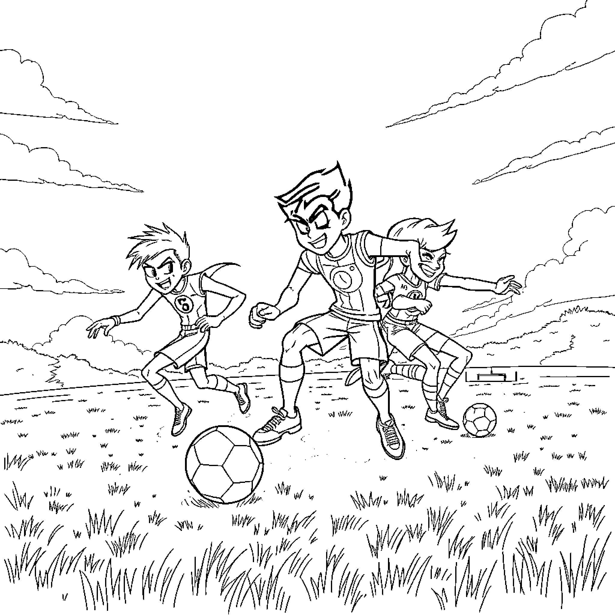 Teen Titans playing soccer in the park Coloring Page (free black-and-white line drawing printable PDF for all, from beginners to advanced learners, including children, teens, adults, and seniors)