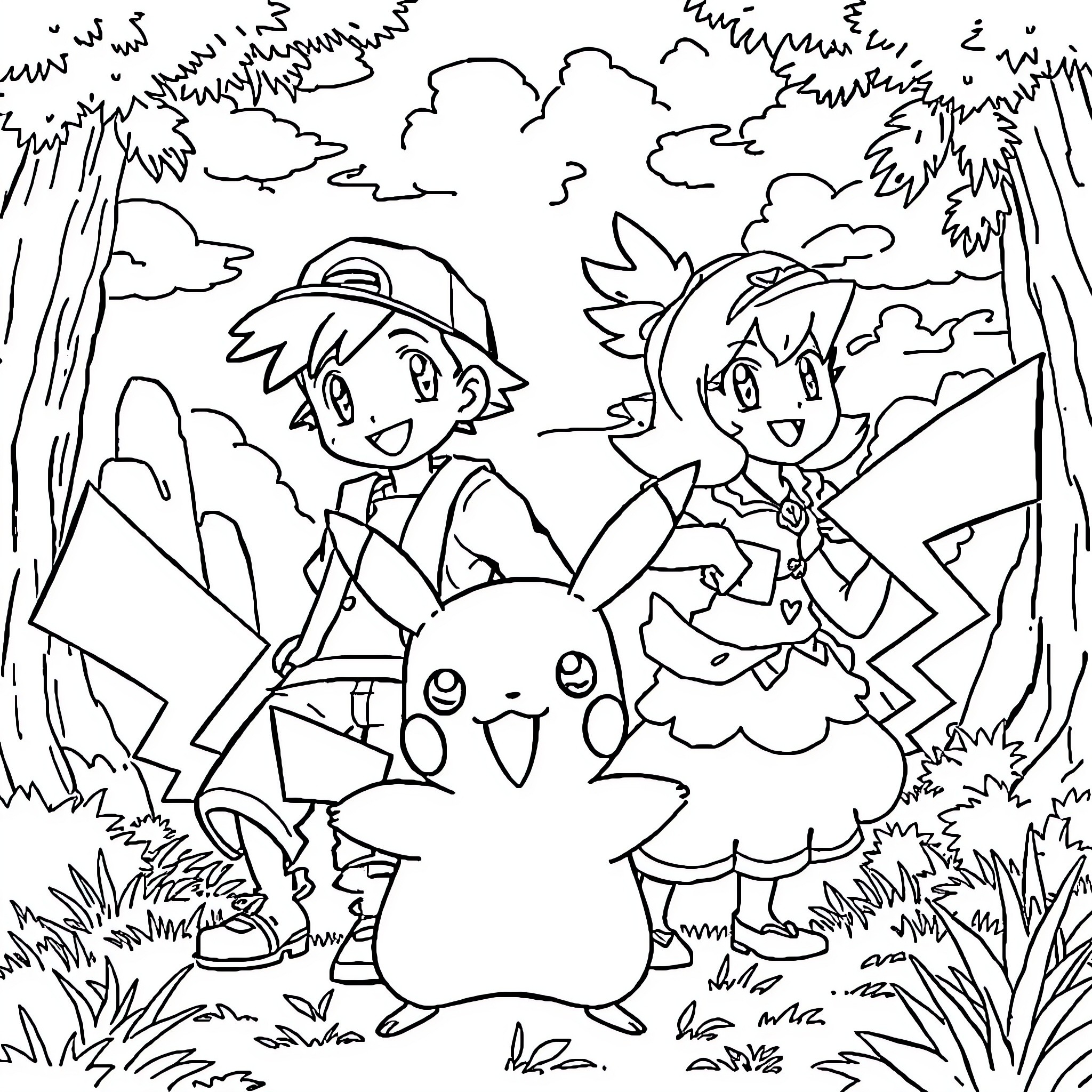 Pokémon characters exploring the wilderness Coloring Page (free black-and-white line drawing printable PDF for all, from beginners to advanced learners, including children, teens, adults, and seniors)