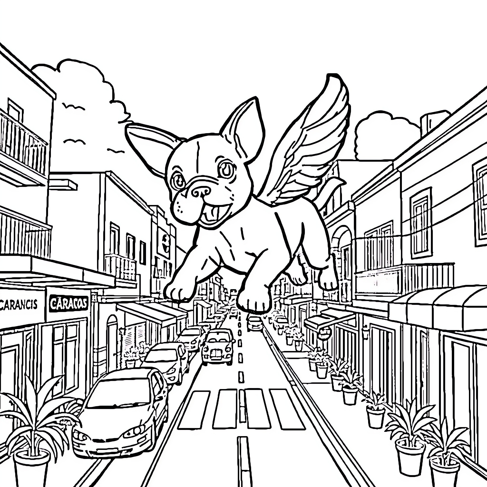 Flying Dog Soaring Over a Lively Town Coloring Page (free black-and-white line drawing printable PDF for all, from beginners to advanced learners, including children, teens, adults, and seniors)