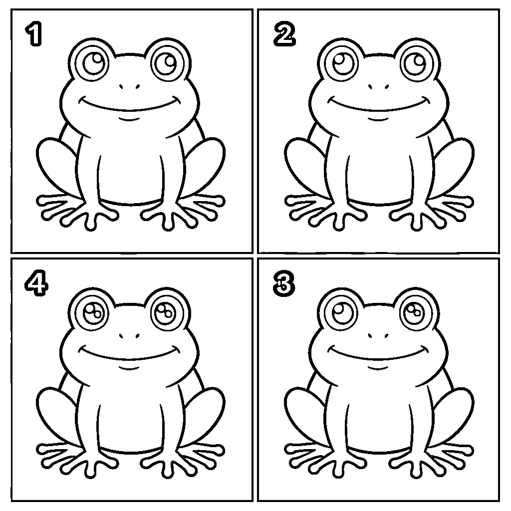 Frog smiling happily in a four panel sequence Coloring Page (free black-and-white line drawing printable PDF for all, from beginners to advanced learners, including children, teens, adults, and seniors)