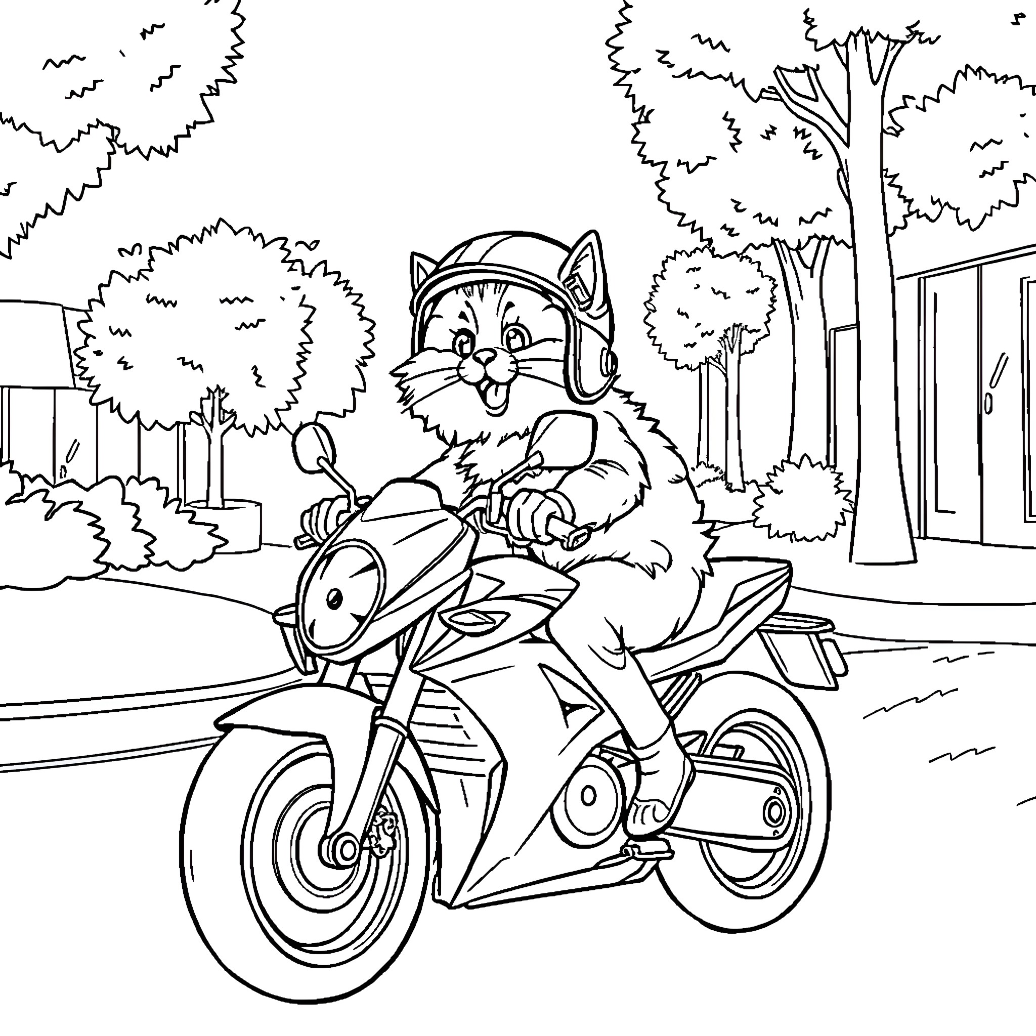 Cat riding motorcycle on city street Coloring Page (free black-and-white line drawing printable PDF for all, from beginners to advanced learners, including children, teens, adults, and seniors)