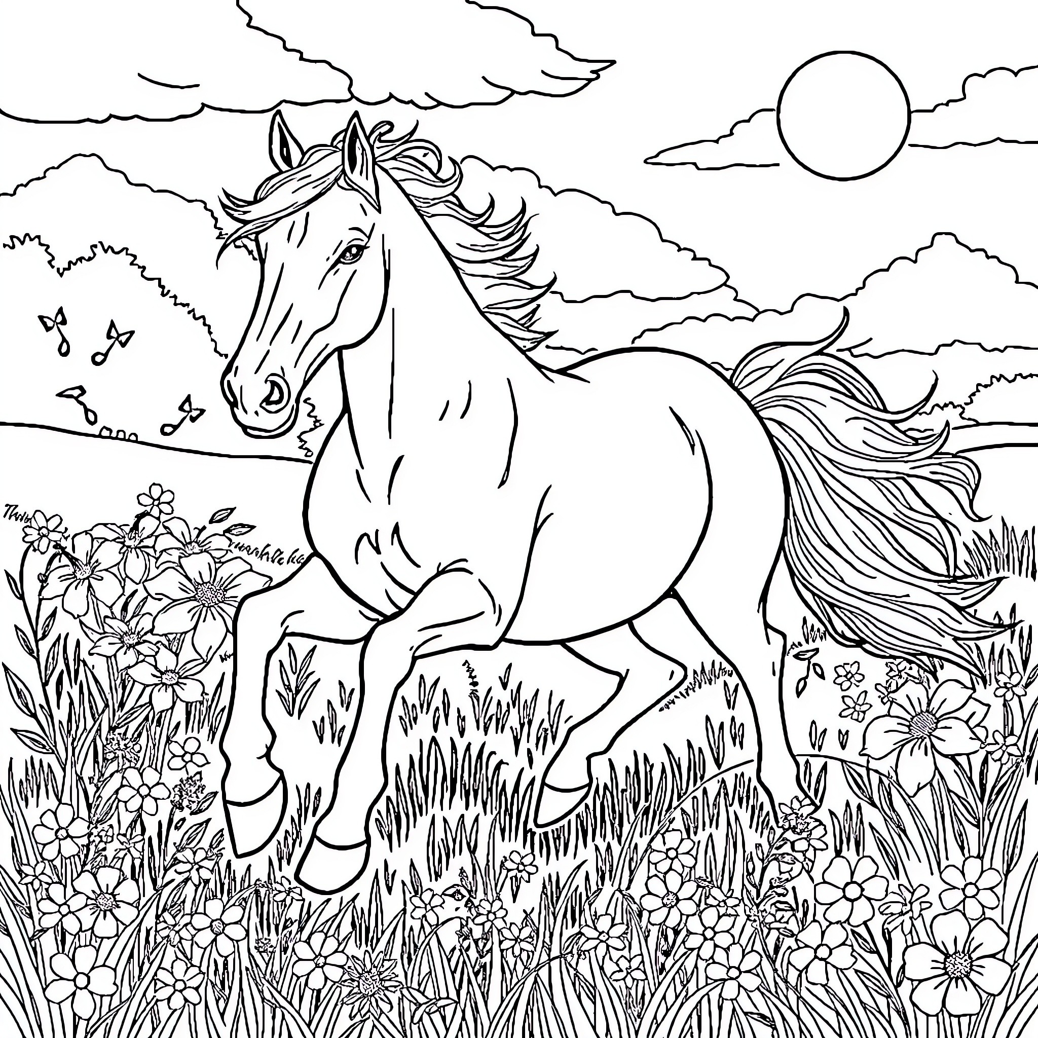 Horse running through a flower-filled meadow Coloring Page (free black-and-white line drawing printable PDF for all, from beginners to advanced learners, including children, teens, adults, and seniors)