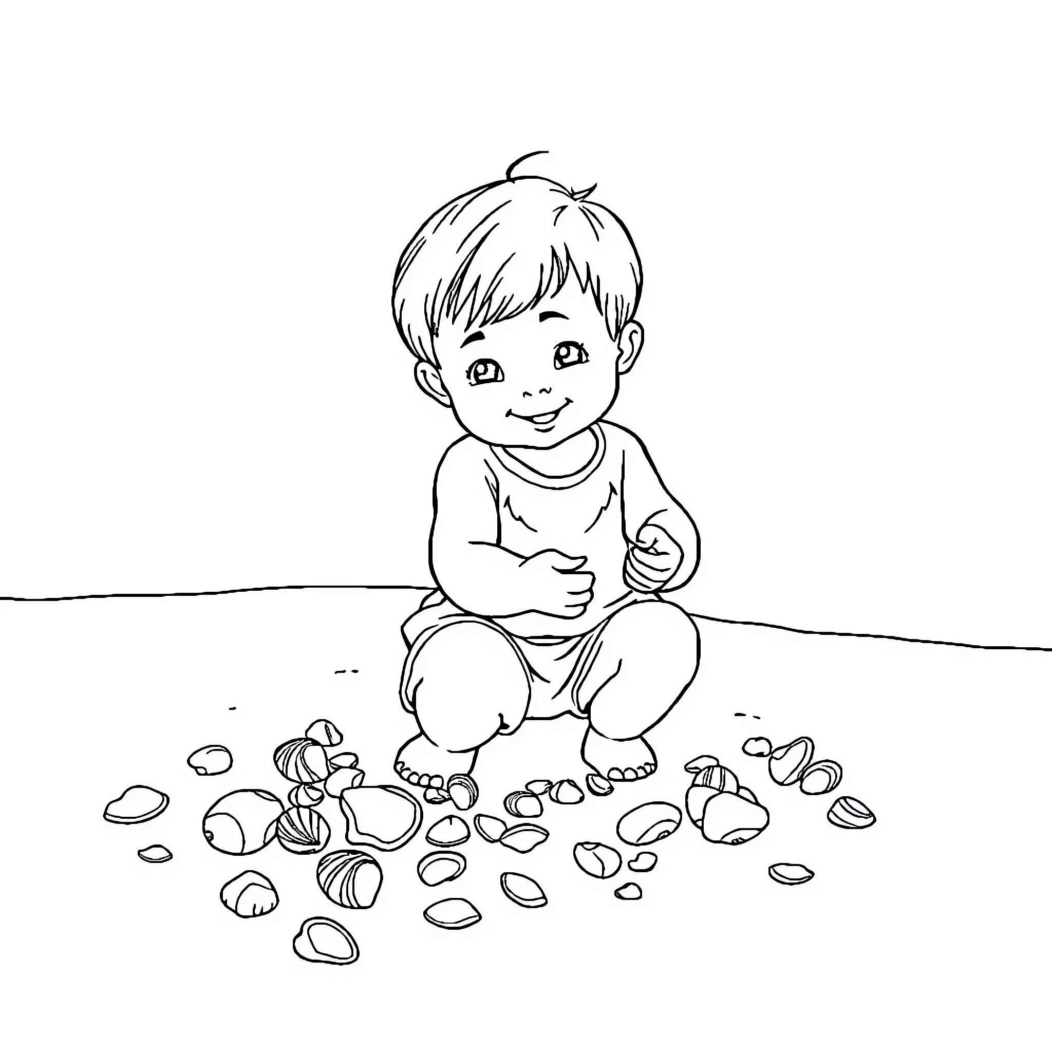 Shell Collecting: Child Exploring Nature Coloring Page (free black-and-white line drawing printable PDF for all, from beginners to advanced learners, including children, teens, adults, and seniors)