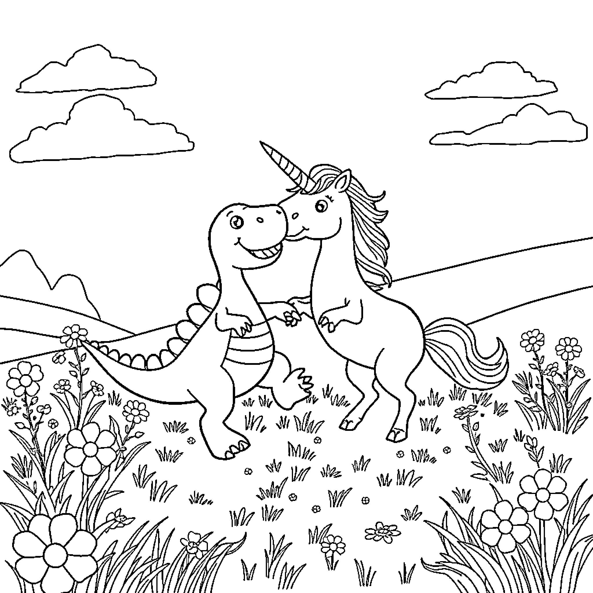 Dinosaur unicorn playing in flower field Coloring Page (free black-and-white line drawing printable PDF for all, from beginners to advanced learners, including children, teens, adults, and seniors)