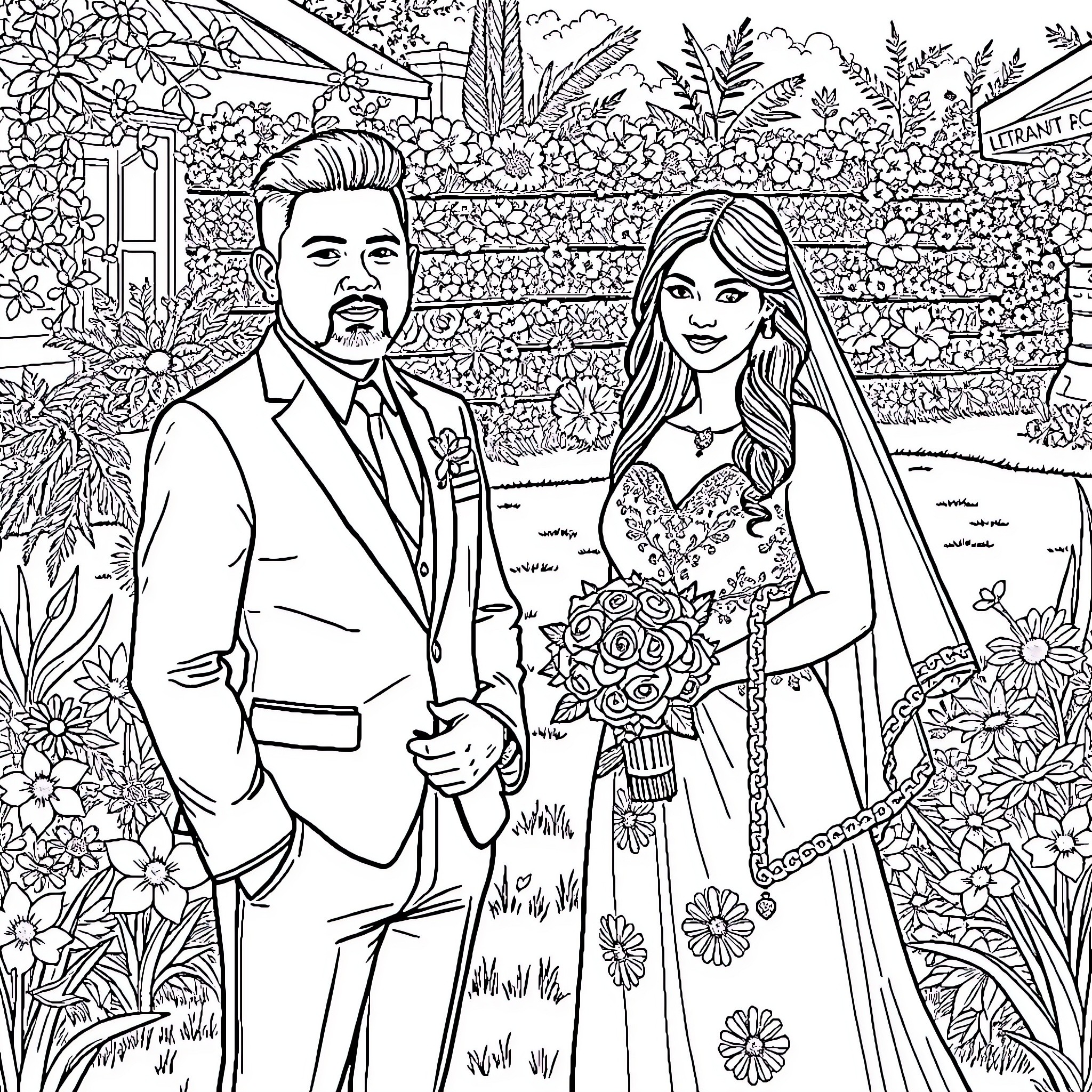 Man and woman in formal attire at a floral wedding scene Coloring Page (free black-and-white line drawing printable PDF for all, from beginners to advanced learners, including children, teens, adults, and seniors)