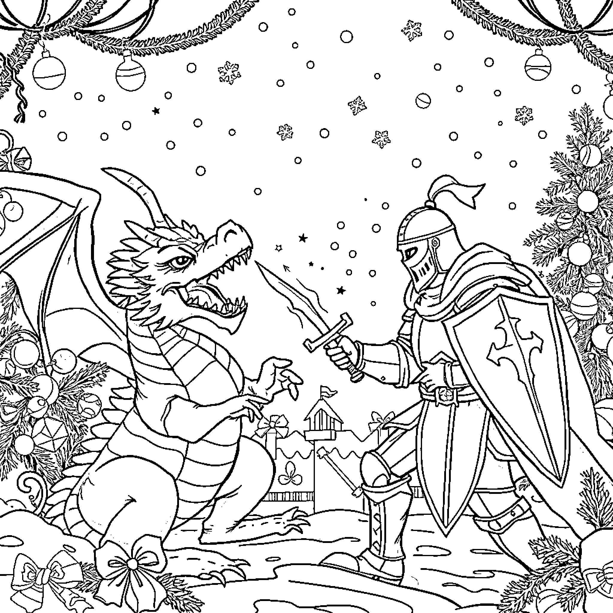 Dragon warrior facing off with a fierce dragon Coloring Page (free black-and-white line drawing printable PDF for all, from beginners to advanced learners, including children, teens, adults, and seniors)