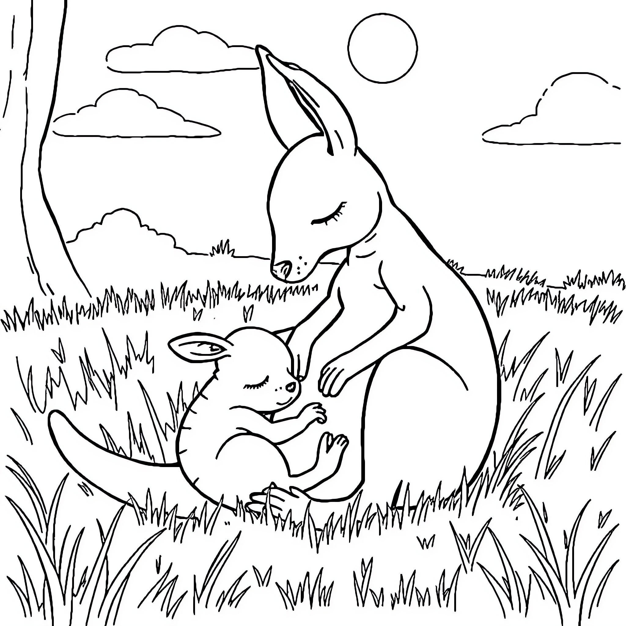 Kangaroos resting in the grassy field Coloring Page (free black-and-white line drawing printable PDF for all, from beginners to advanced learners, including children, teens, adults, and seniors)