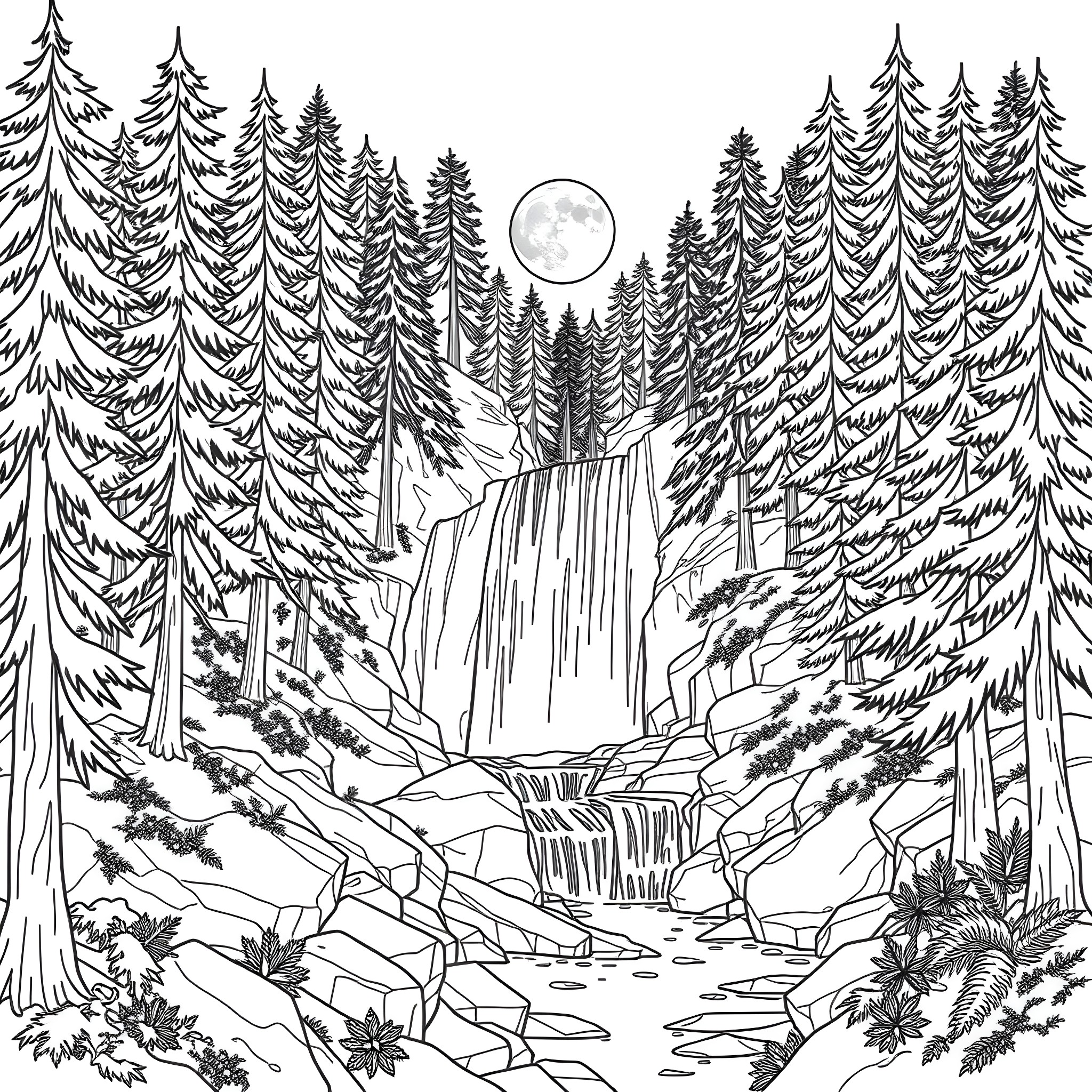 Forest scene with a waterfall under the moonlight Coloring Page (free black-and-white line drawing printable PDF for all, from beginners to advanced learners, including children, teens, adults, and seniors)