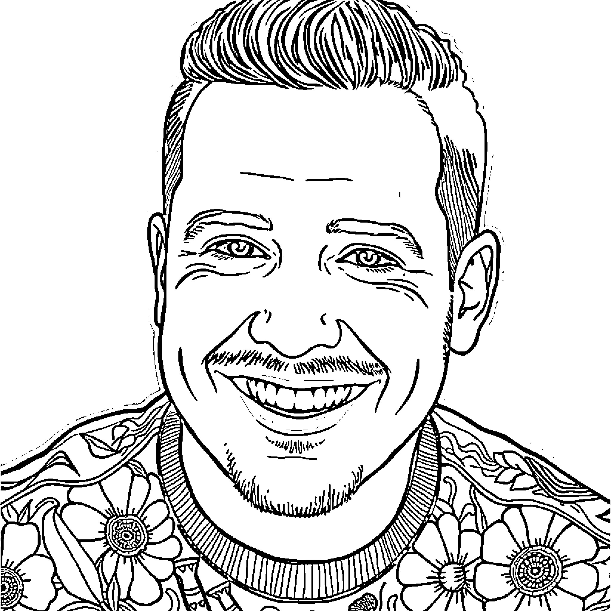 Bradley Barcola's joyful expression in floral outfit Coloring Page (free black-and-white line drawing printable PDF for all, from beginners to advanced learners, including children, teens, adults, and seniors)