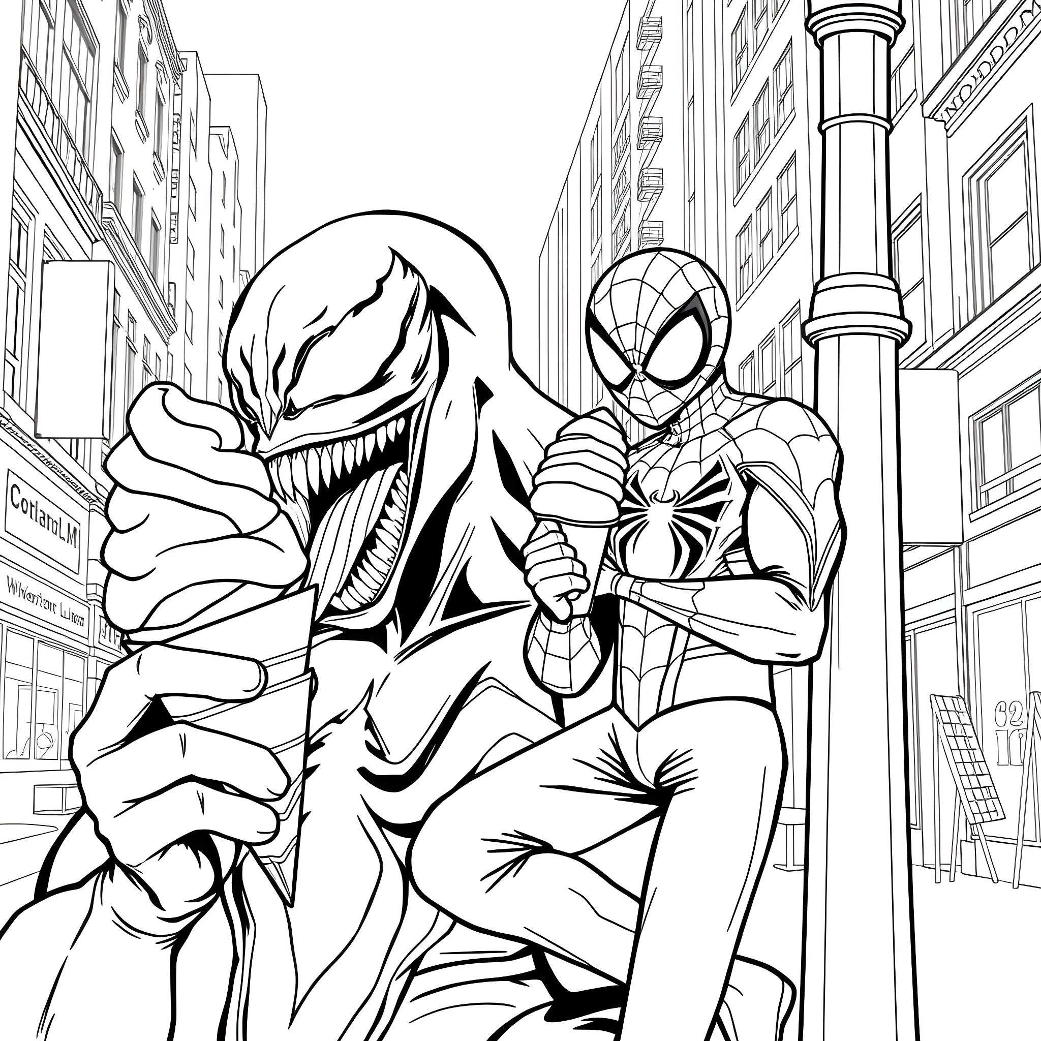 Venom's confrontation with Spider-Man in the city Coloring Page (free black-and-white line drawing printable PDF for all, from beginners to advanced learners, including children, teens, adults, and seniors)