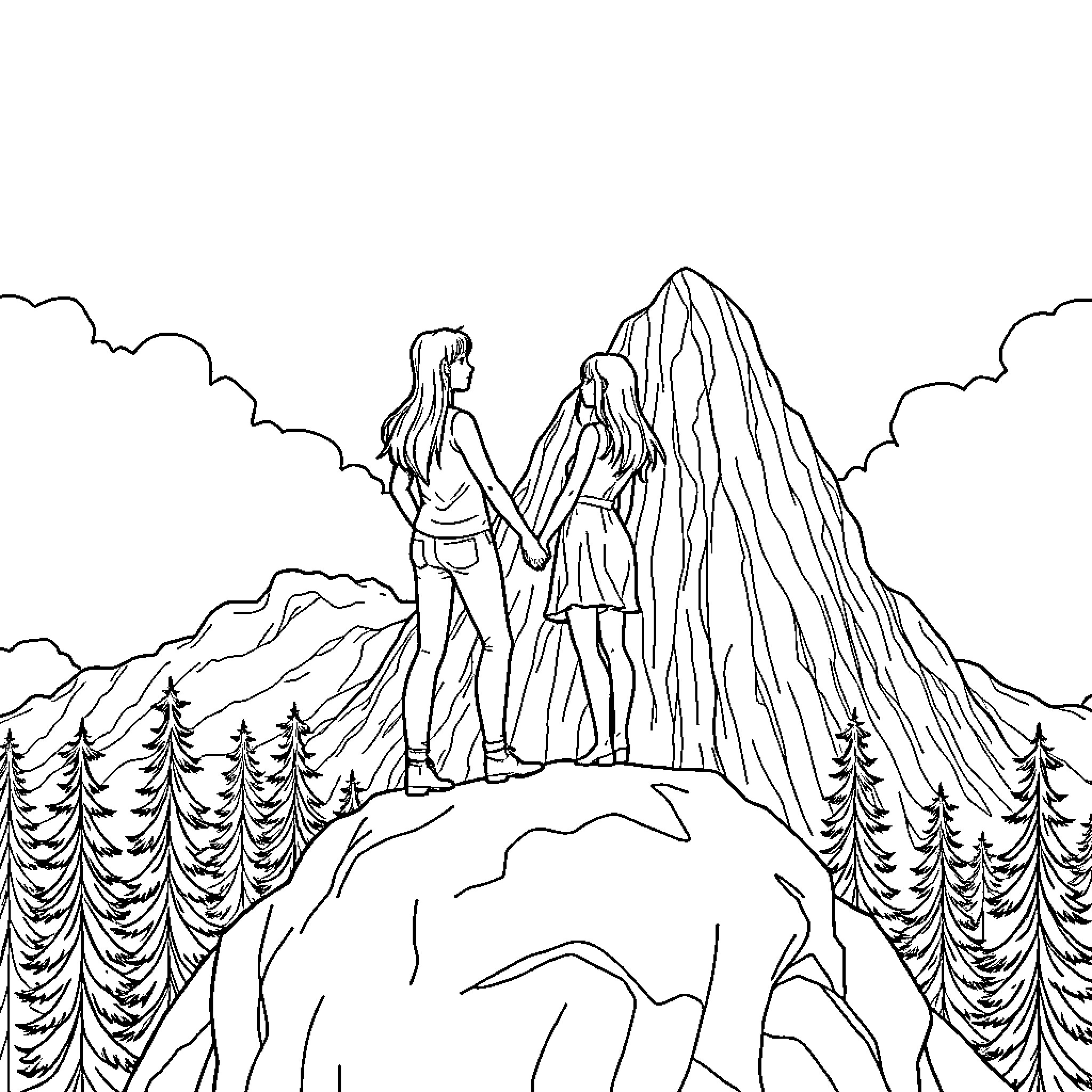 Couple Admiring Scenic Mountain Landscape Coloring Page (free black-and-white line drawing printable PDF for all, from beginners to advanced learners, including children, teens, adults, and seniors)