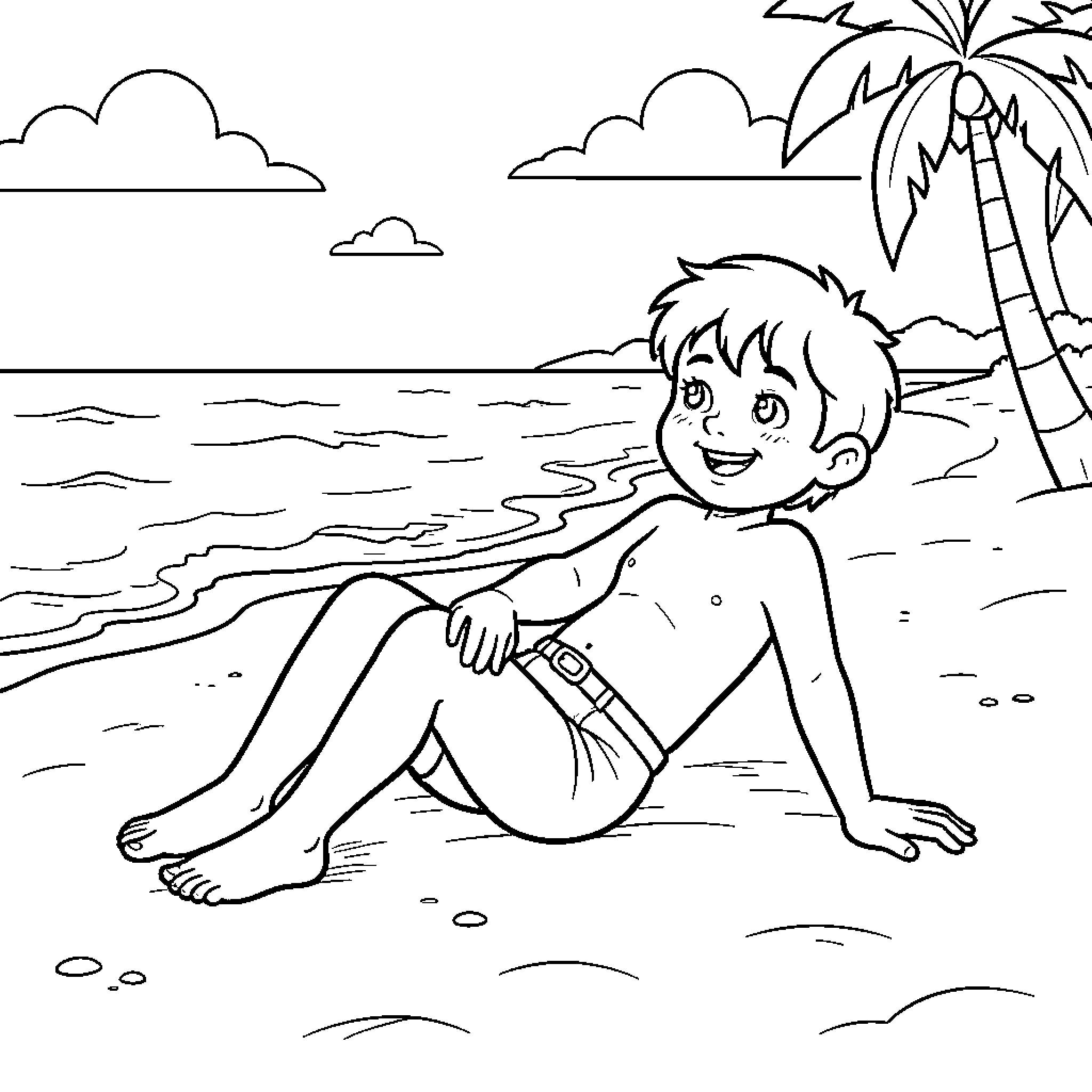 Bimbo boy sitting happily on a tropical beach Coloring Page (free black-and-white line drawing printable PDF for all, from beginners to advanced learners, including children, teens, adults, and seniors)