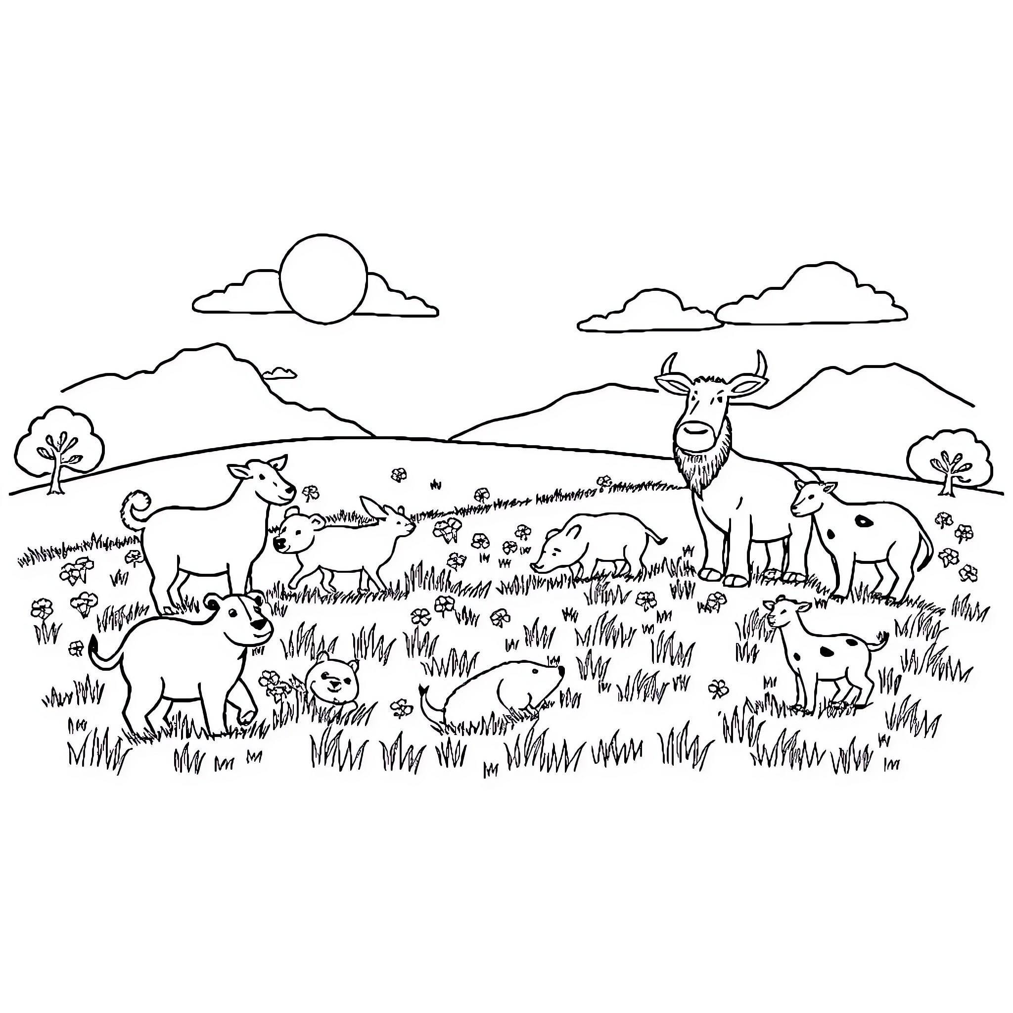 Animal herd grazing peacefully in a scenic landscape Coloring Page (free black-and-white line drawing printable PDF for all, from beginners to advanced learners, including children, teens, adults, and seniors)