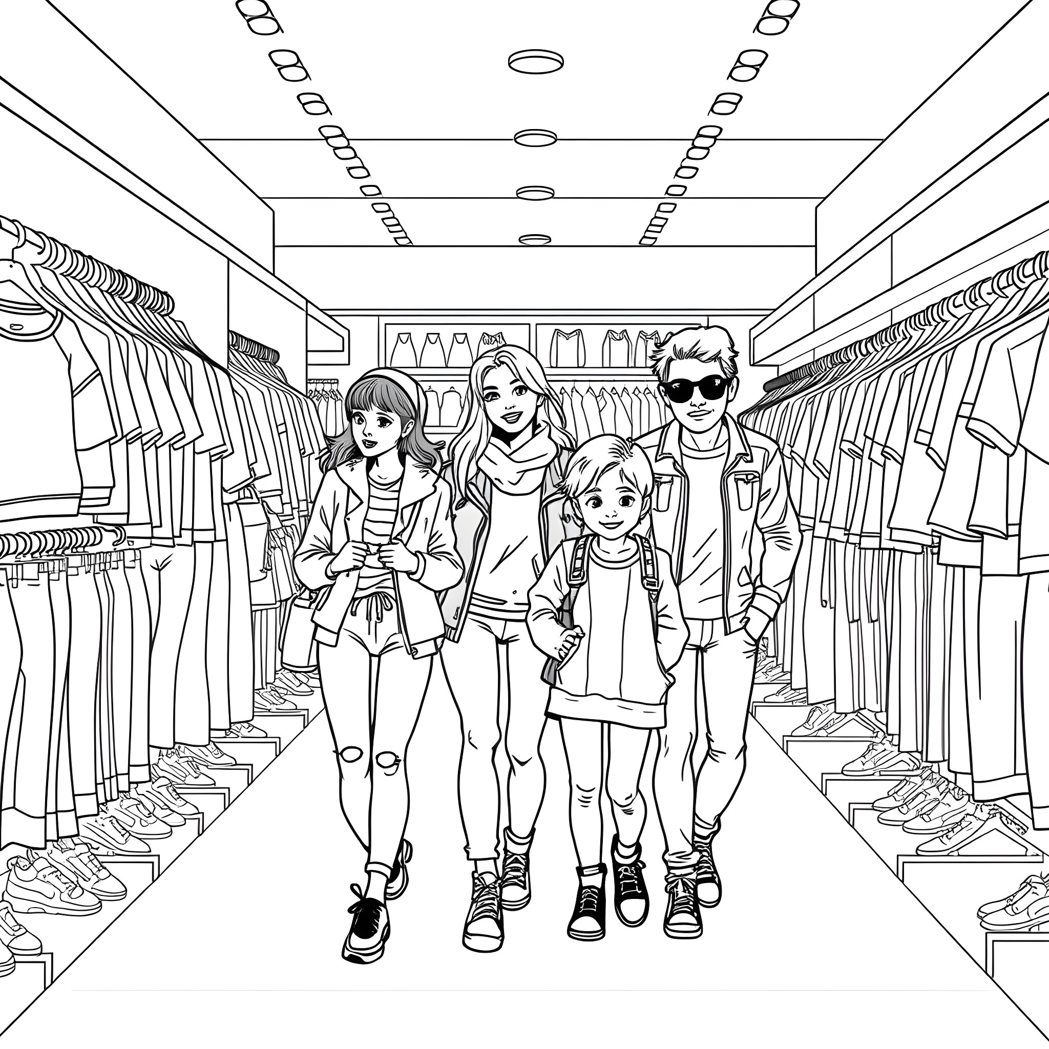 Family shopping trip in clothing store Coloring Page (free black-and-white line drawing printable PDF for all, from beginners to advanced learners, including children, teens, adults, and seniors)