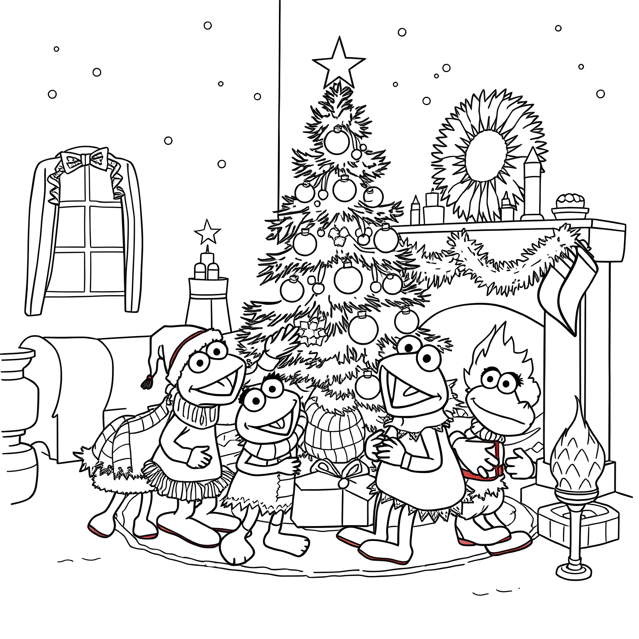 Muppet characters decorating Christmas tree Coloring Page (free black-and-white line drawing printable PDF for all, from beginners to advanced learners, including children, teens, adults, and seniors)