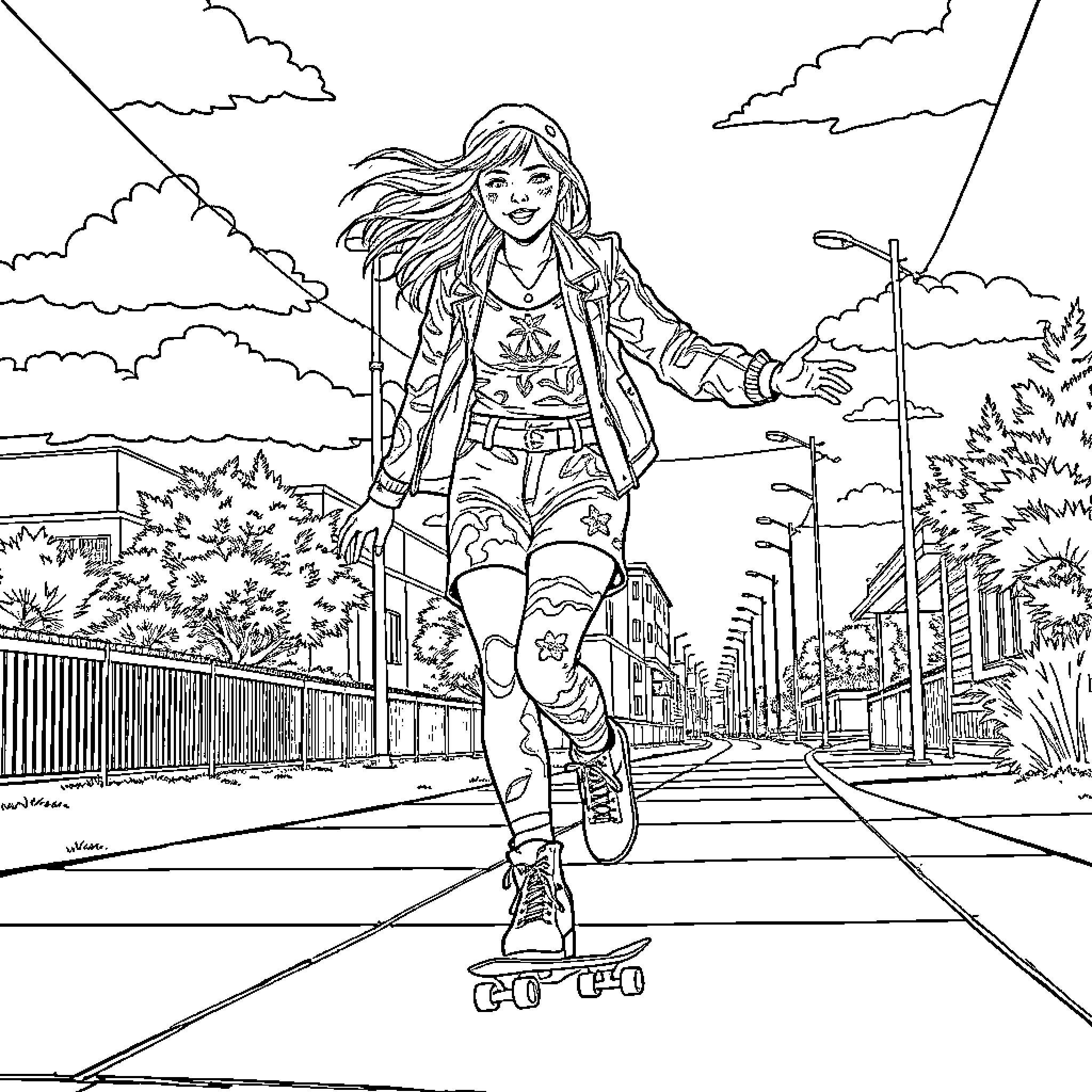 Billie Eilish walking confidently in the city Coloring Page (free black-and-white line drawing printable PDF for all, from beginners to advanced learners, including children, teens, adults, and seniors)