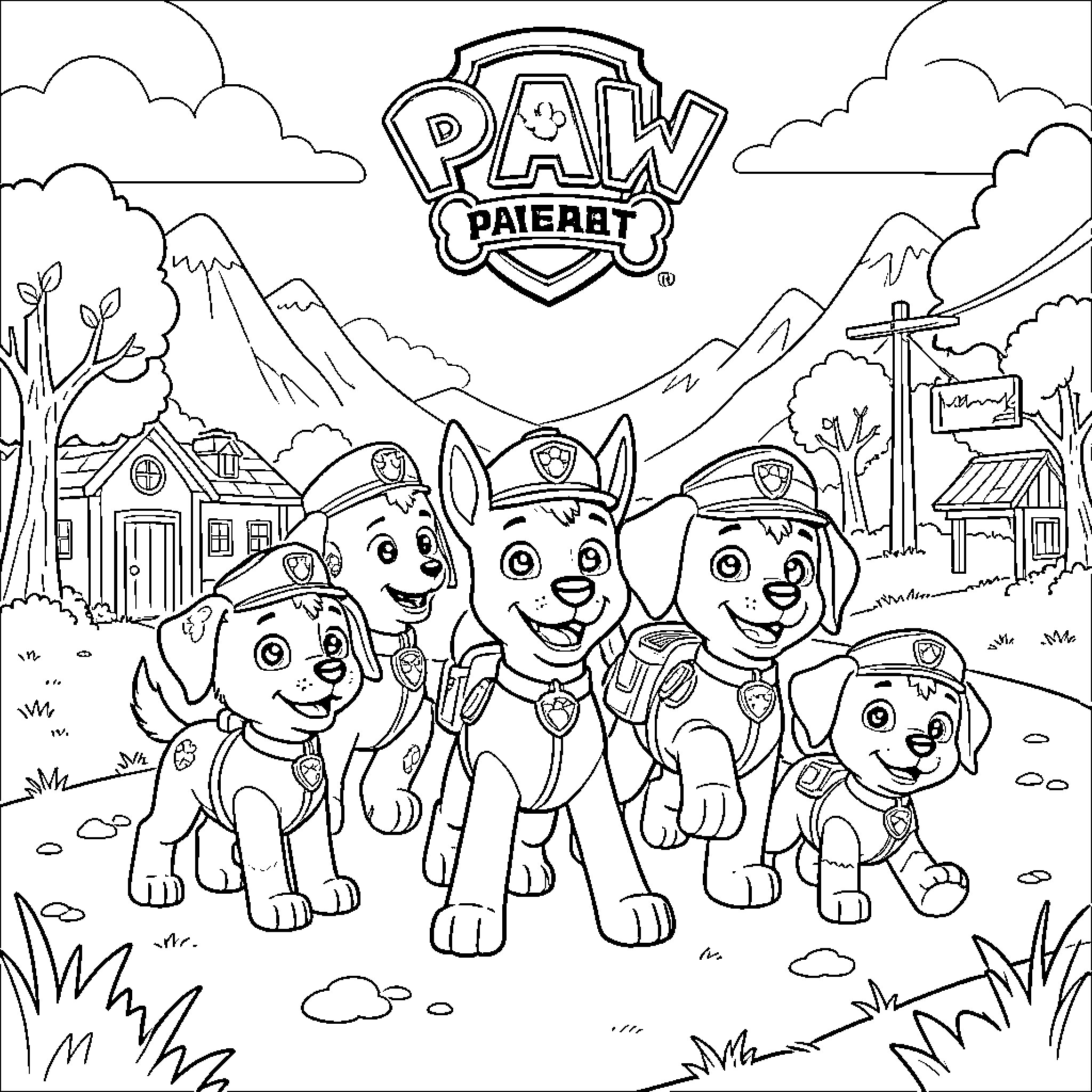 Paw Patrol pups smiling and walking together outdoors Coloring Page (free black-and-white line drawing printable PDF for all, from beginners to advanced learners, including children, teens, adults, and seniors)