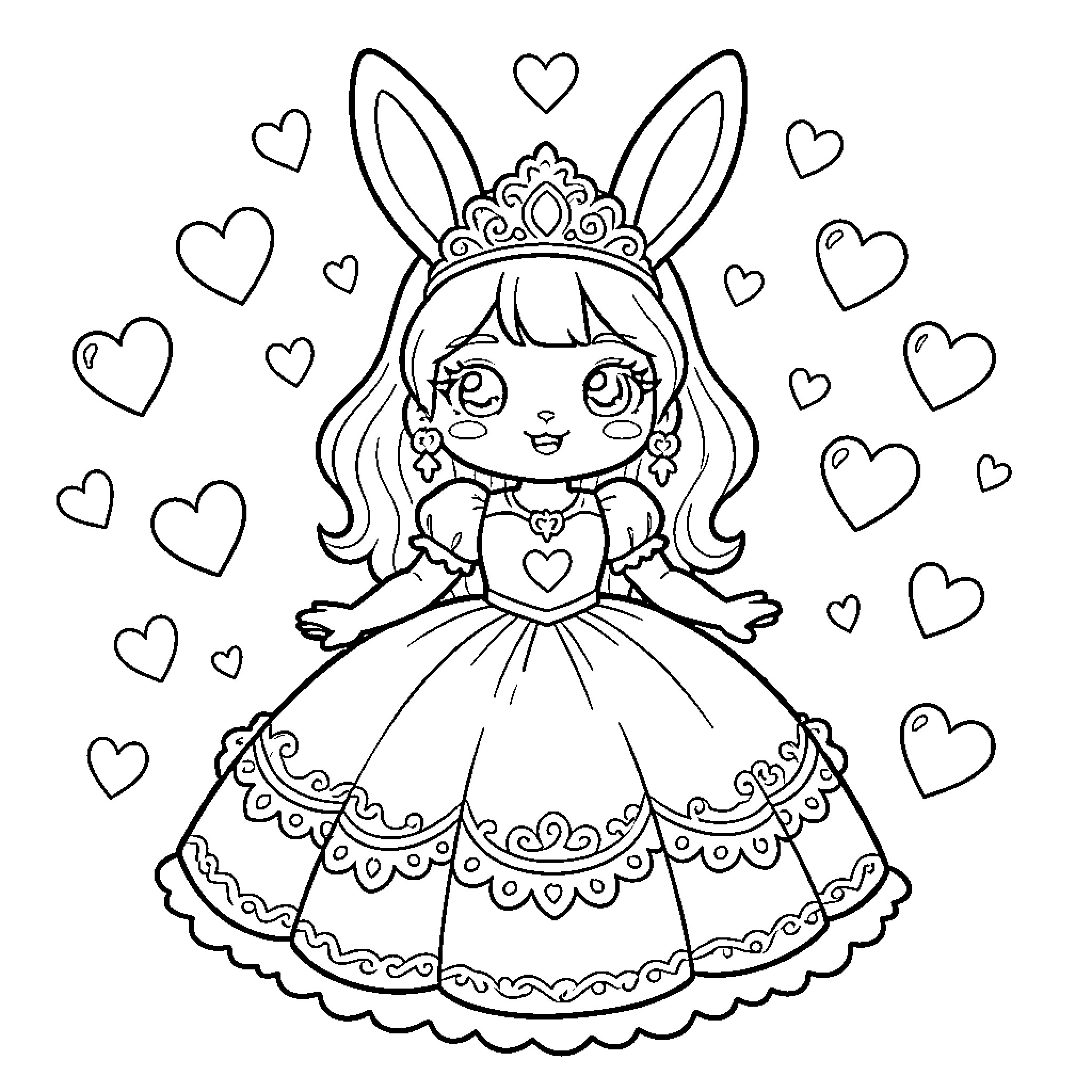 Bunny Girl wearing a crown and holding a heart Coloring Page (free black-and-white line drawing printable PDF for all, from beginners to advanced learners, including children, teens, adults, and seniors)