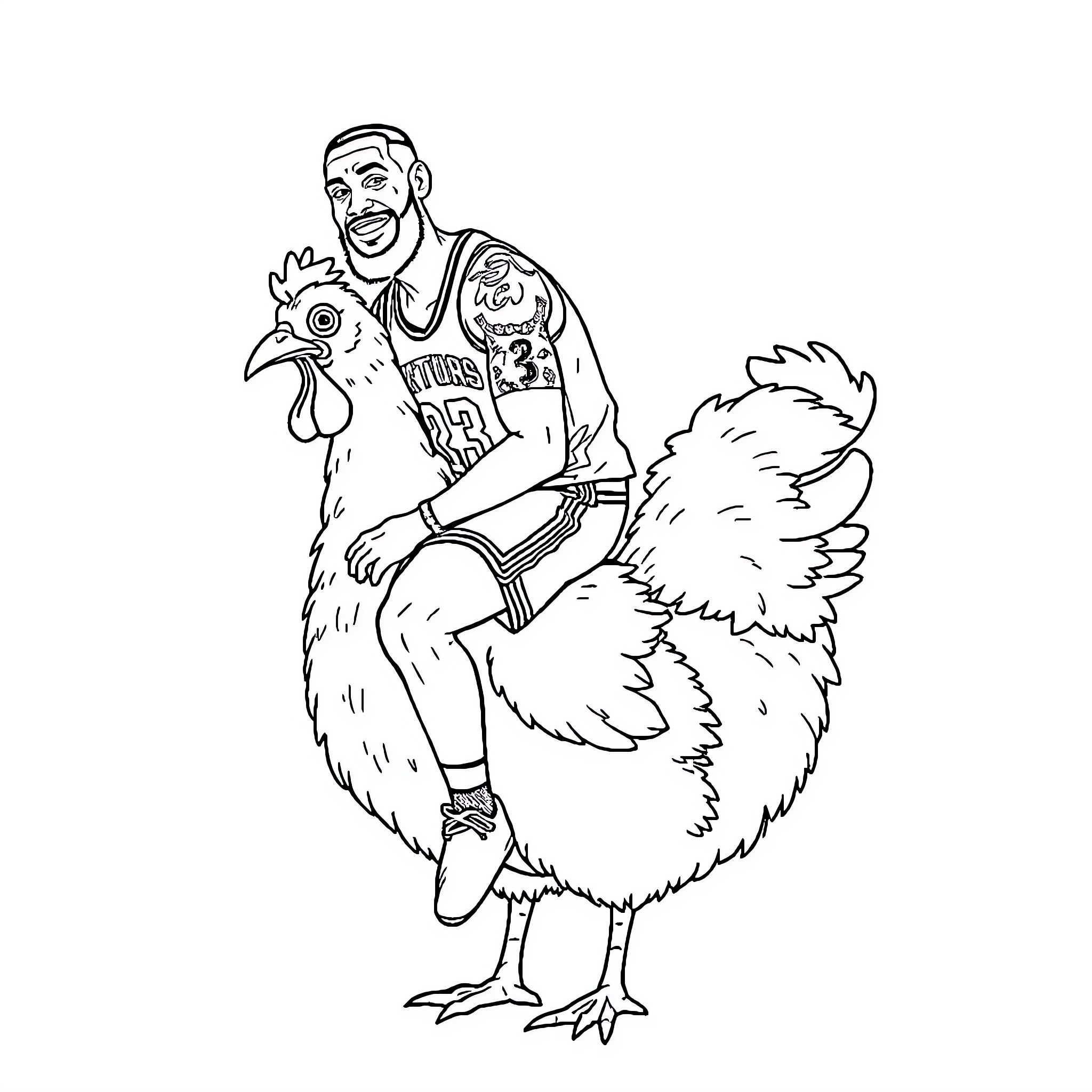 LeBron riding a Rooster in a Basketball Jersey Coloring Page (free black-and-white line drawing printable PDF for all, from beginners to advanced learners, including children, teens, adults, and seniors)